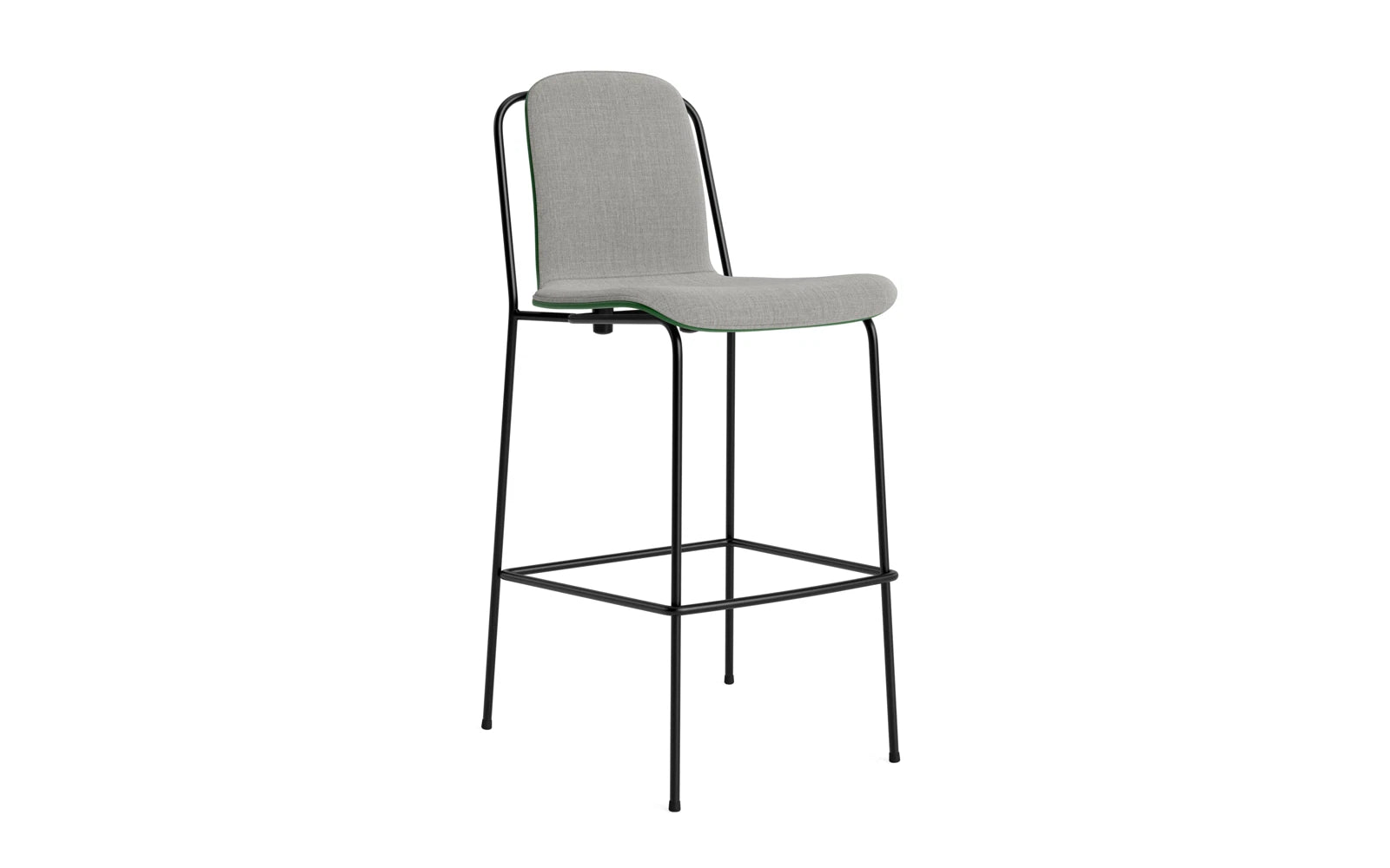 Erleben Sie den modernen Studio Barstuhl 75 cm von Normann Copenhagen – mit grünem Frontpolster und robustem Stahlrahmen, ideal für stilvolle Räume!