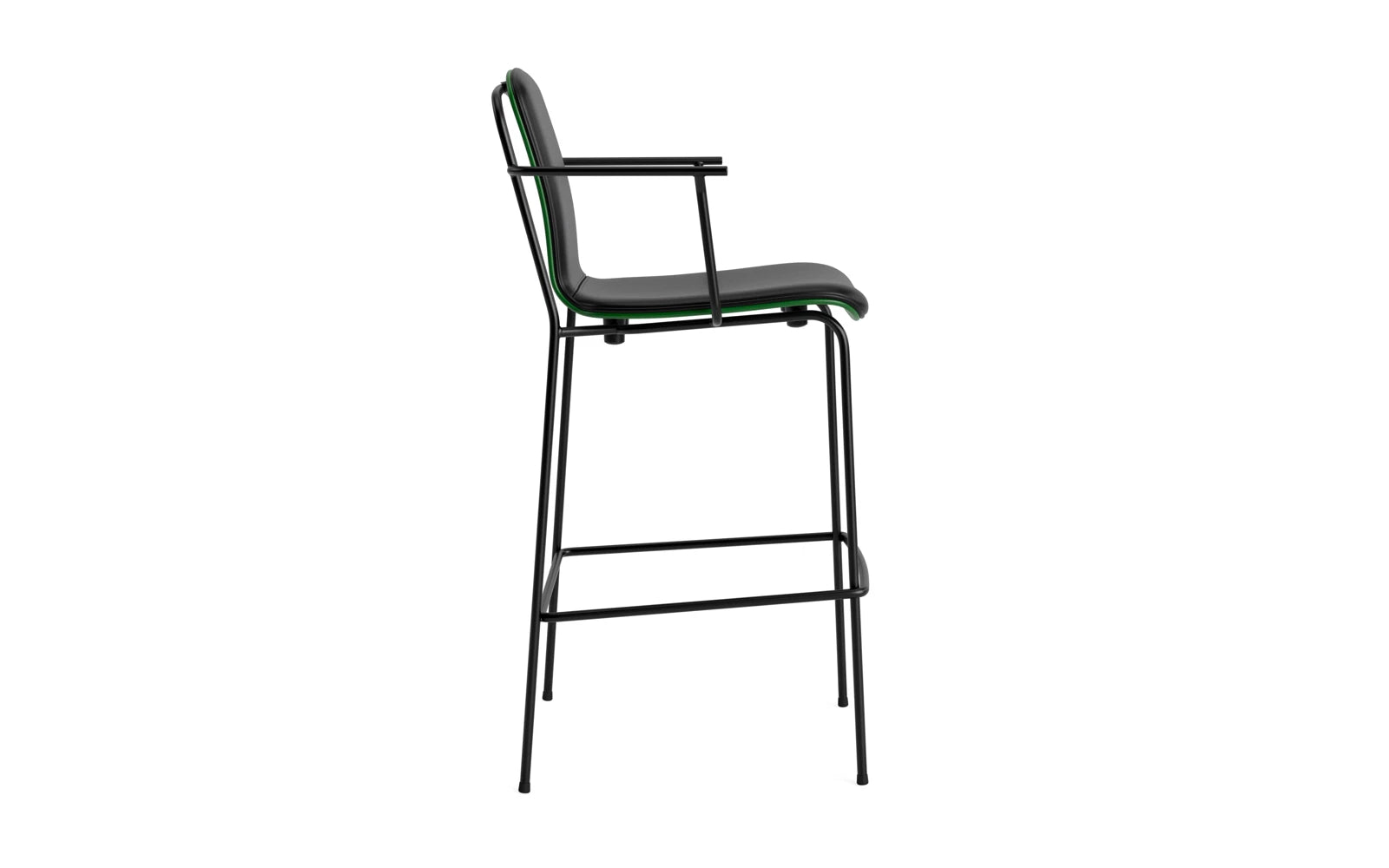 Erleben Sie den modernen Studio Barstuhl 75 cm von Normann Copenhagen. Mit seinem eleganten Design aus schwarzem Stahl und grünem Ultra-Polster ist er der perfekte Blickfang für jeden Raum.