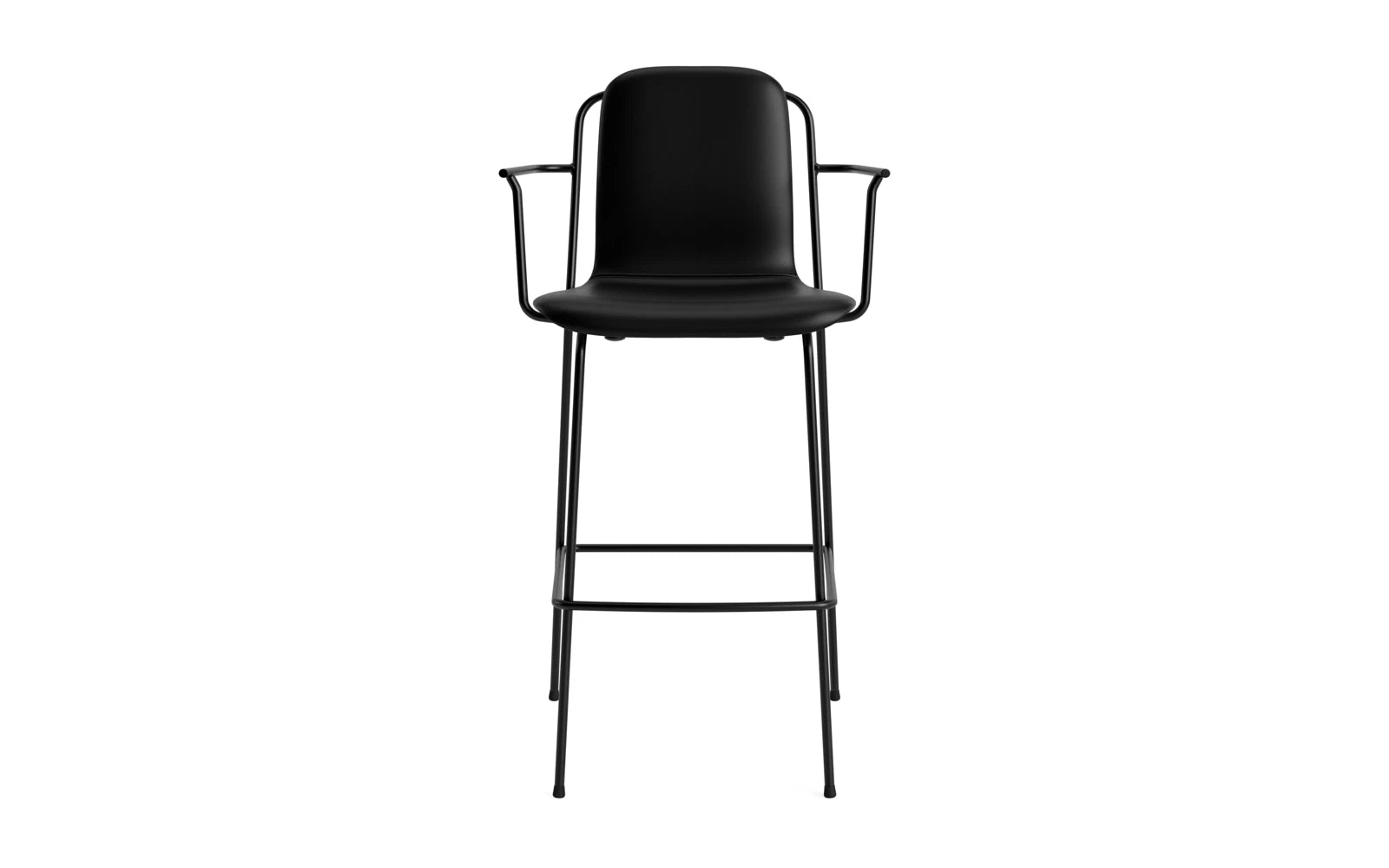Entdecken Sie den eleganten Studio Barstuhl mit Armlehne von Normann Copenhagen. Gepolstert mit hochwertigem Ultra Leder und einem robusten Stahlrahmen, vereint er Stil und Komfort.