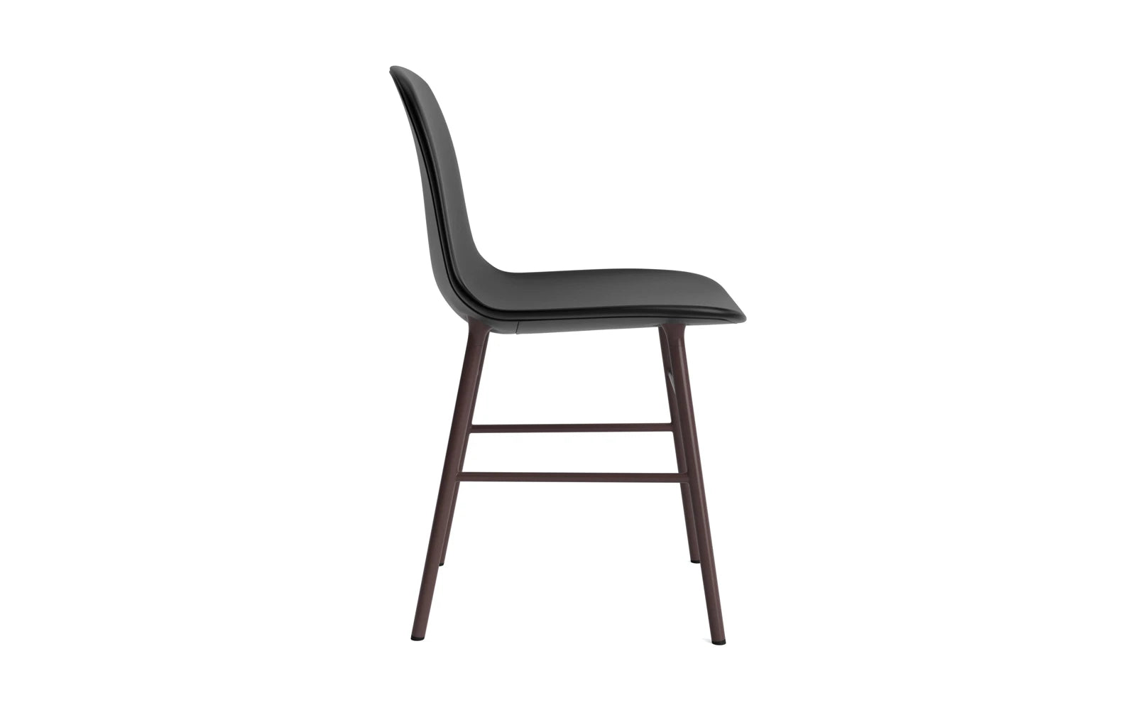 Eleganter Form Stuhl mit braunem Polster und stabilem Stahlrahmen – ideal für stilvolle Interiors und maximalen Sitzkomfort.