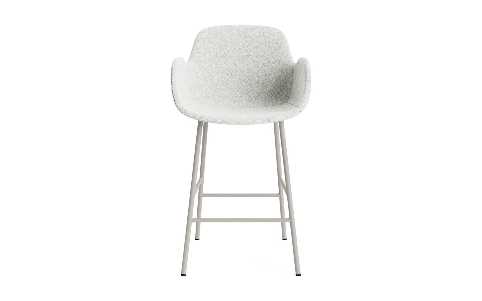 Erleben Sie den Form Barstuhl mit Armlehne von Normann Copenhagen. Gepolstert in warmem Grau und mit 65 cm Sitzhöhe, vereint er Komfort und modernes Design.