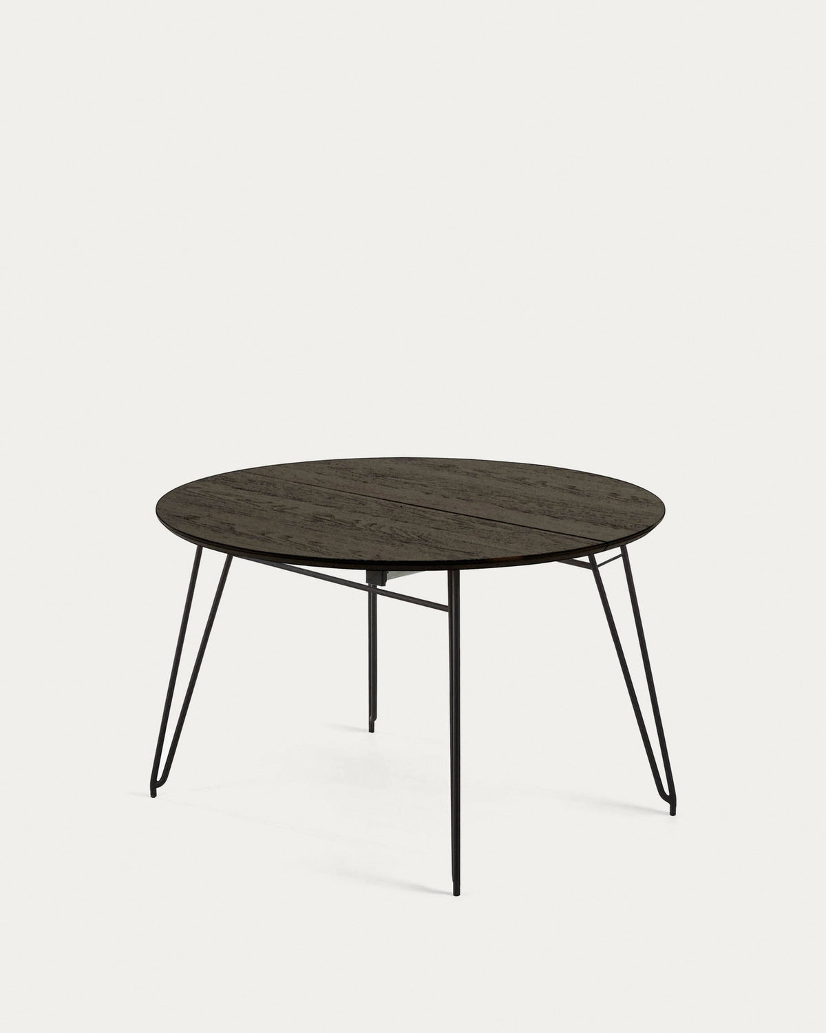 Milian ausziehbarer runder Tisch Ø 120 (200) cm Eschenfurnier und schwarze Stahlbeine in Schwarz, Natur präsentiert im Onlineshop von KAQTU Design AG. Esstisch ist von Kave Home
