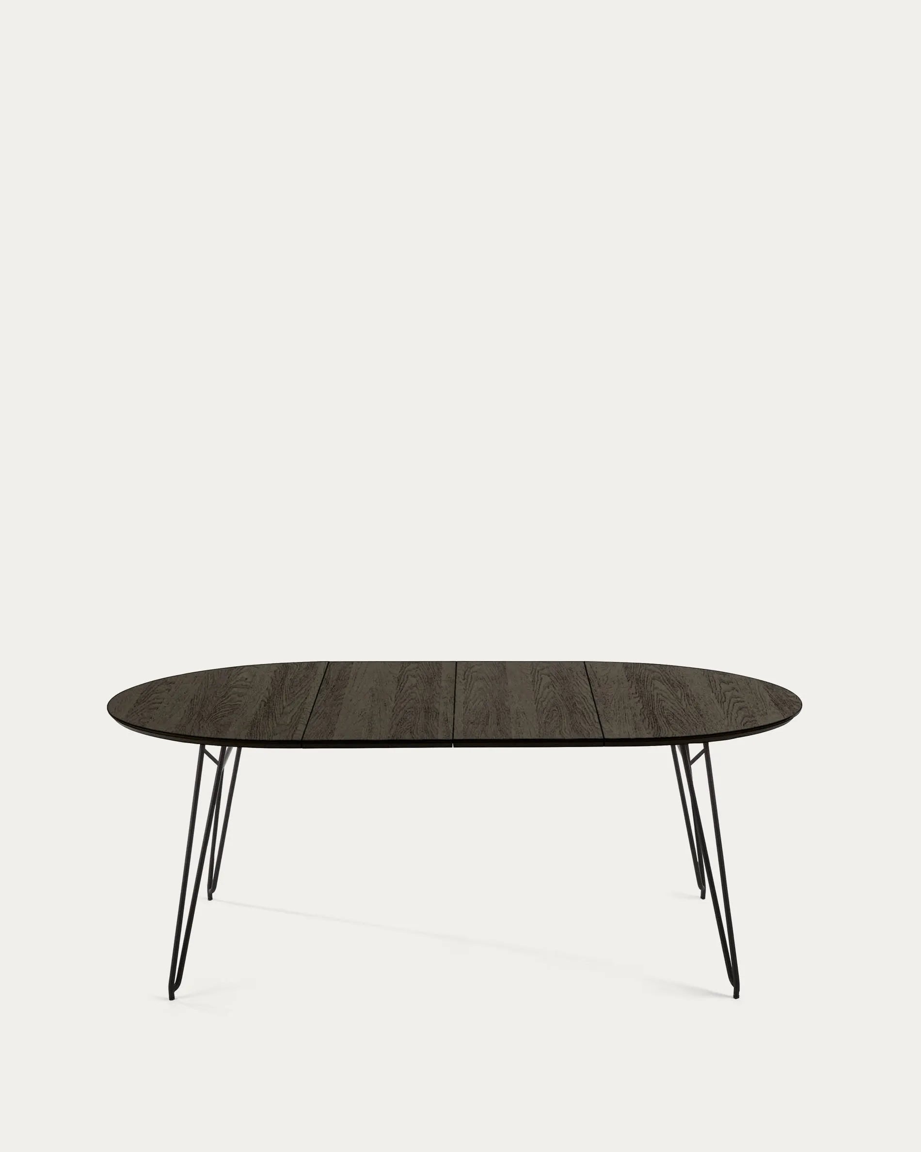 Eleganter runder Esstisch mit ausziehbarer Funktion, Eschenfurnier und schwarzen Stahlbeinen, perfekt für moderne Esszimmer.
