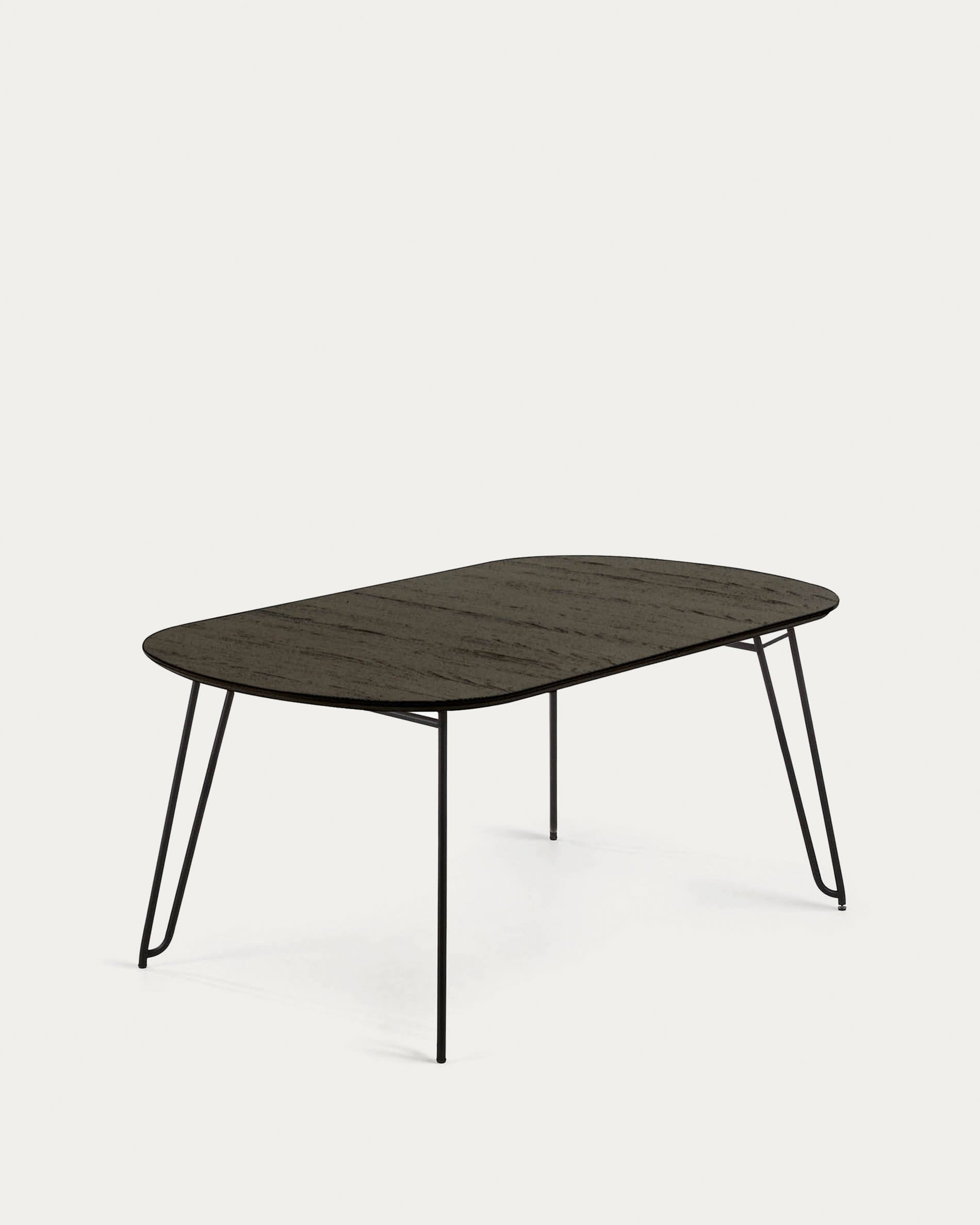 Moderner ausziehbarer Tisch Milian, 140-220x90 cm, Eschenfurnierplatte, schwarze Stahlbeine, ideal für stilvolle Räume.