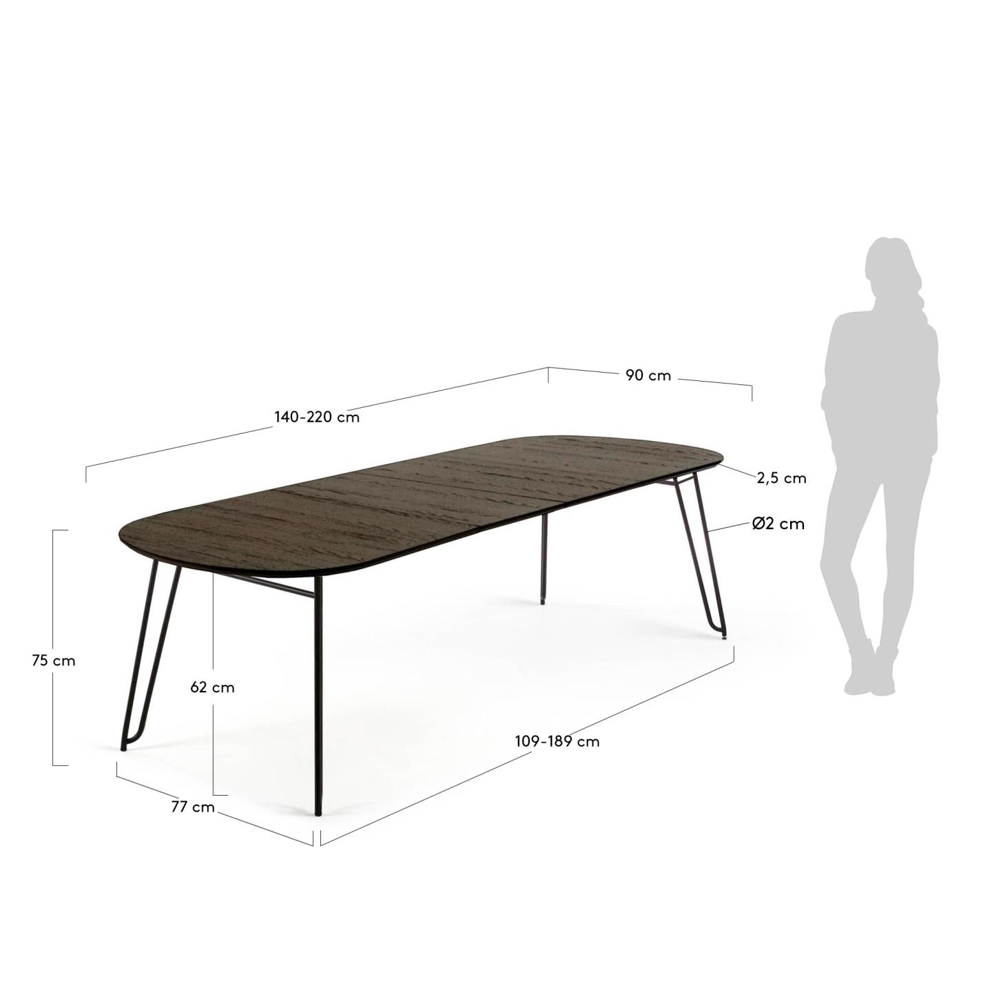 Eleganter Tisch Milian, ausziehbar von 140 auf 220 cm, Eschenfurnier, schwarze Stahlbeine, perfekt für moderne Esszimmer.