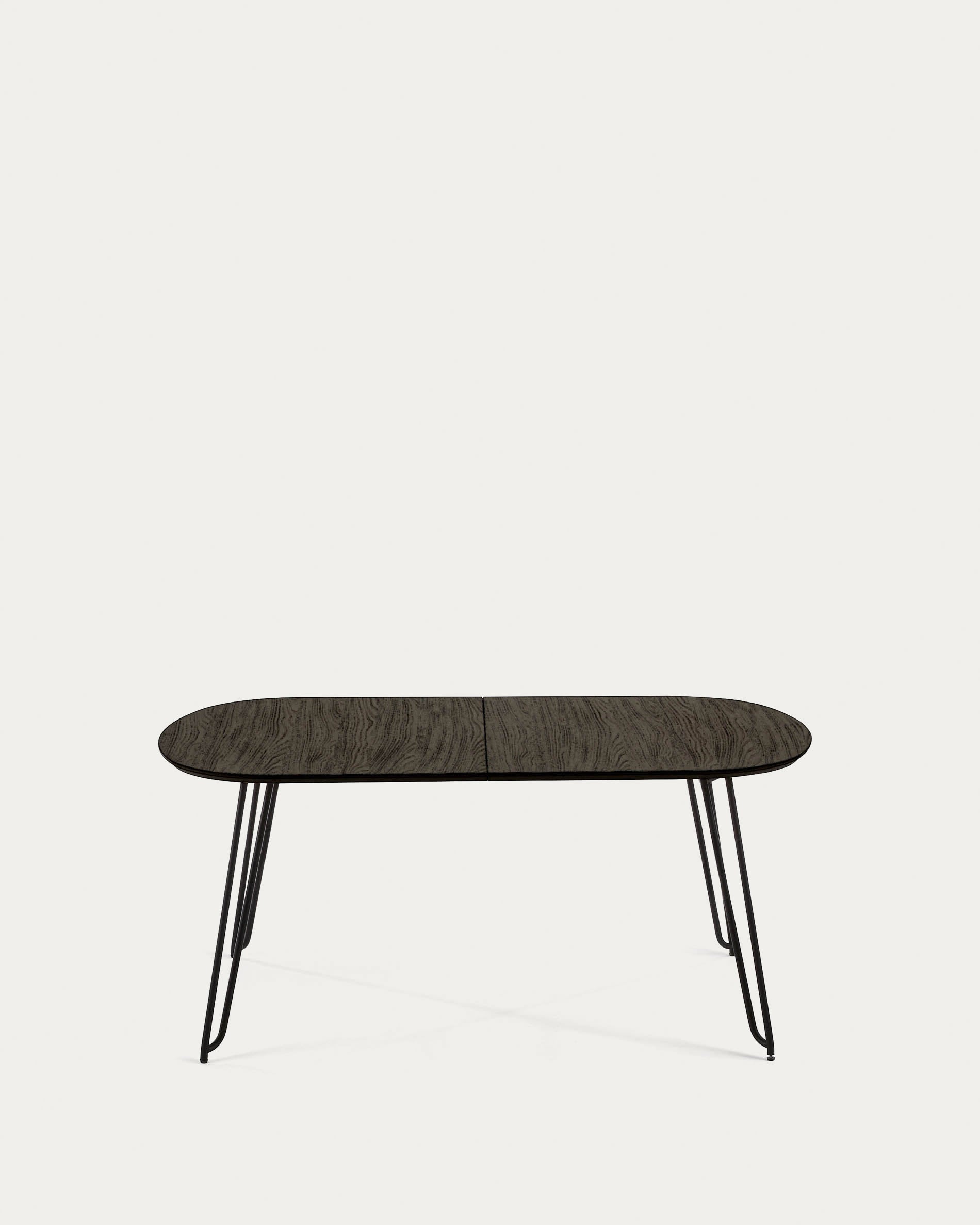 Eleganter Tisch Milian, ausziehbar von 170 bis 320 cm, Eschenfurnier, schwarze Stahlbeine, perfekt für moderne Esszimmer.