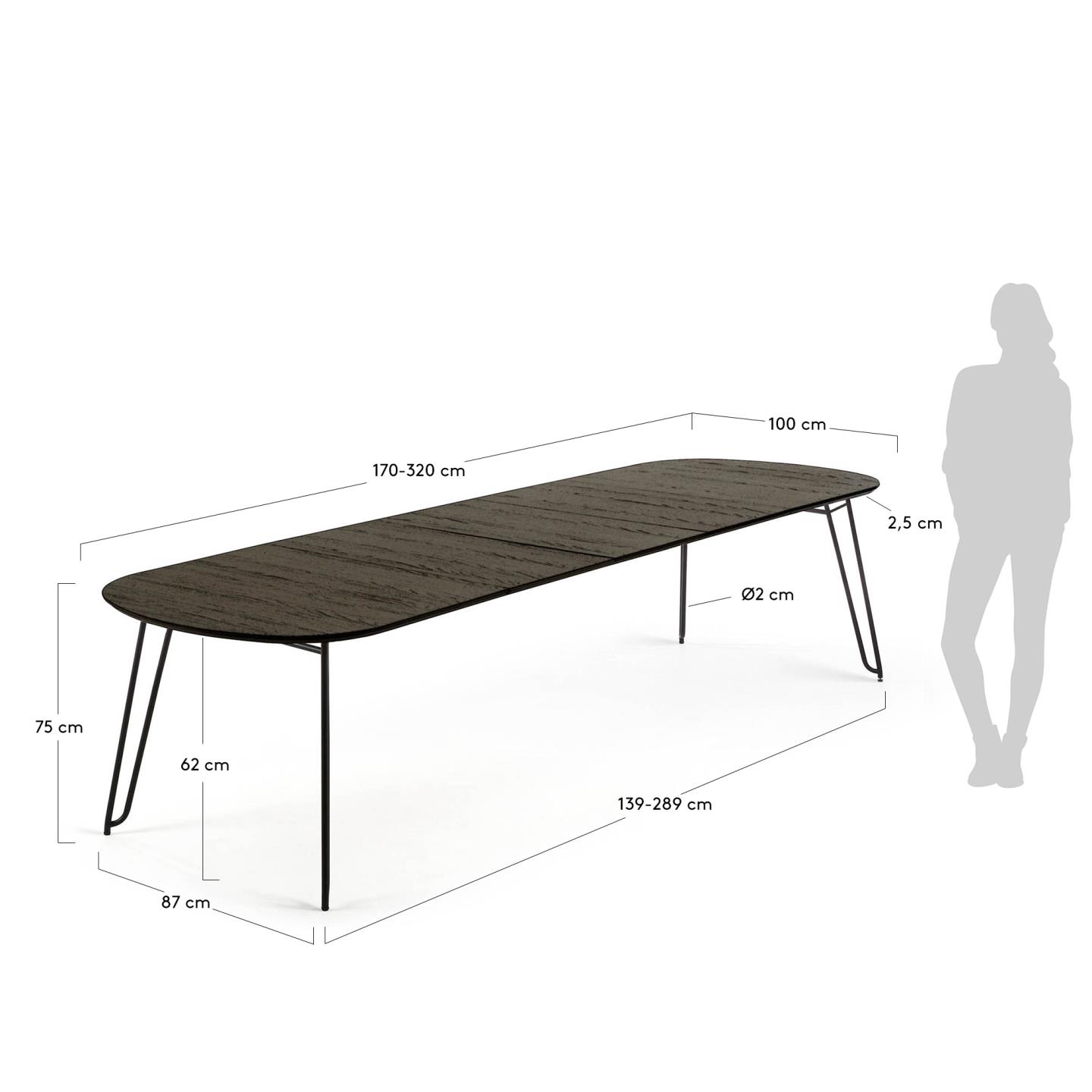 Moderner ausziehbarer Tisch Milian, 170-320 cm, Eschenfurnier, schwarze Stahlbeine, ideal für stilvolle Esszimmer.