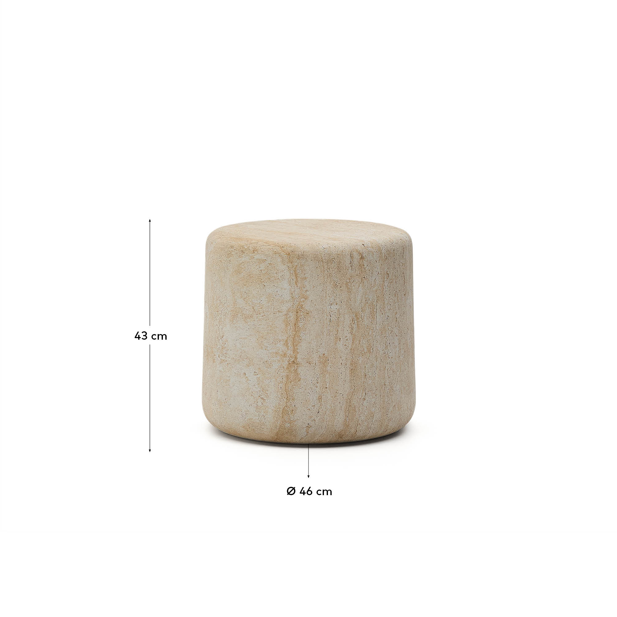 Moderner Beistelltisch Drasi aus Zement mit travertinähnlichem Finish, Ø 46 cm, ideal für stilvolle Wohnräume, von Kave Home.