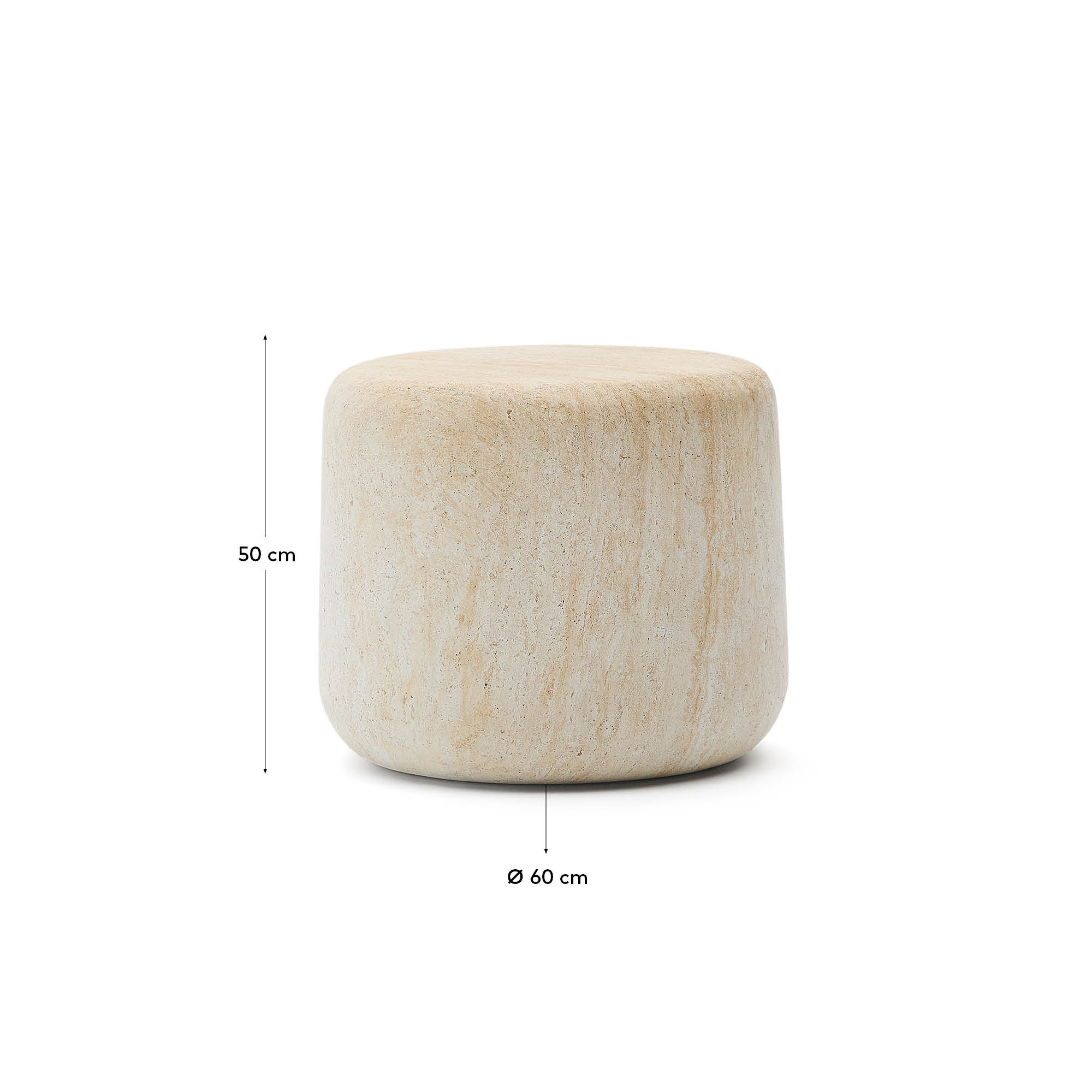 Eleganter Beistelltisch Drasi aus Zement mit Travertin-Finish, Ø 60 cm, von Kave Home. Perfekt für moderne Wohnräume.