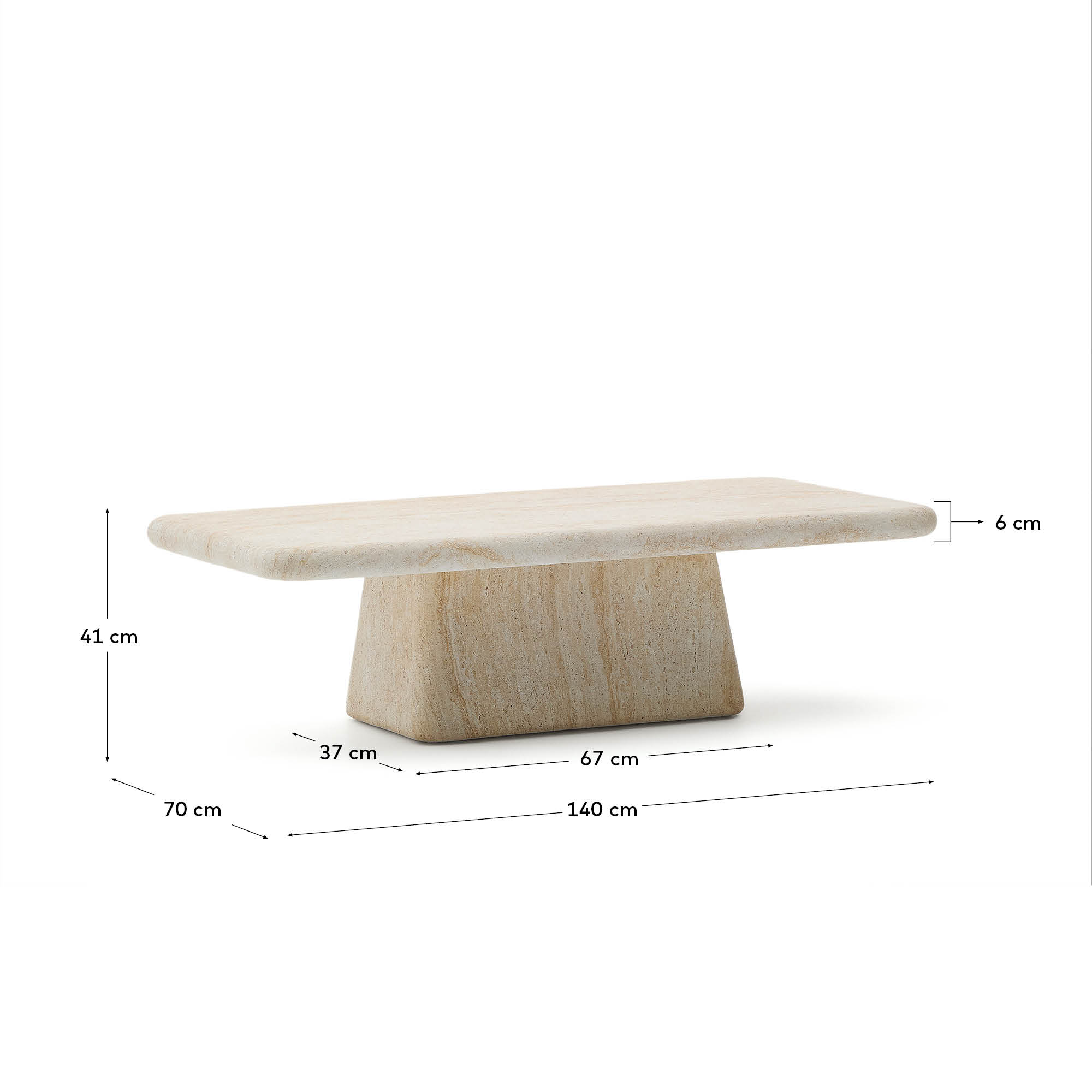 Moderner Couchtisch Drasi aus Zement in Travertinoptik, 140 x 70 cm, von Kave Home. Ideal für stilvolle und zeitgemäße Wohnräume.