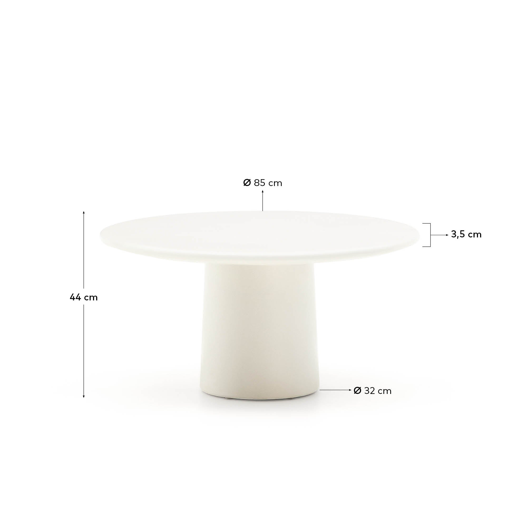 Eleganter Couchtisch Albanella aus Zement mit weiß glänzendem Finish, Ø 85 cm, perfekt für moderne und stilvolle Wohnräume.