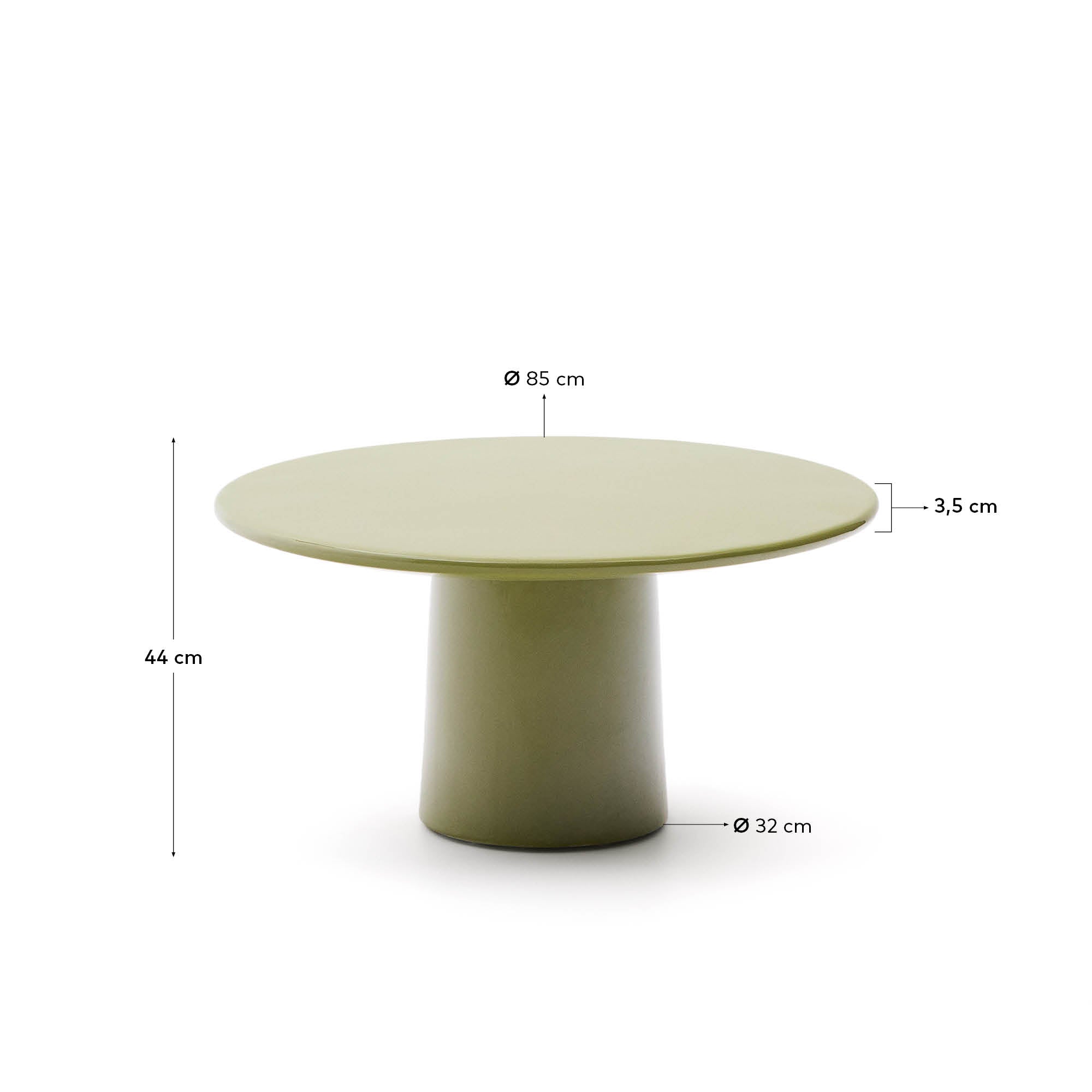 Eleganter Couchtisch Albanella, Ø 85 cm, aus Zement mit grünem Glanzfinish, perfekt für moderne und stilvolle Wohnbereiche.