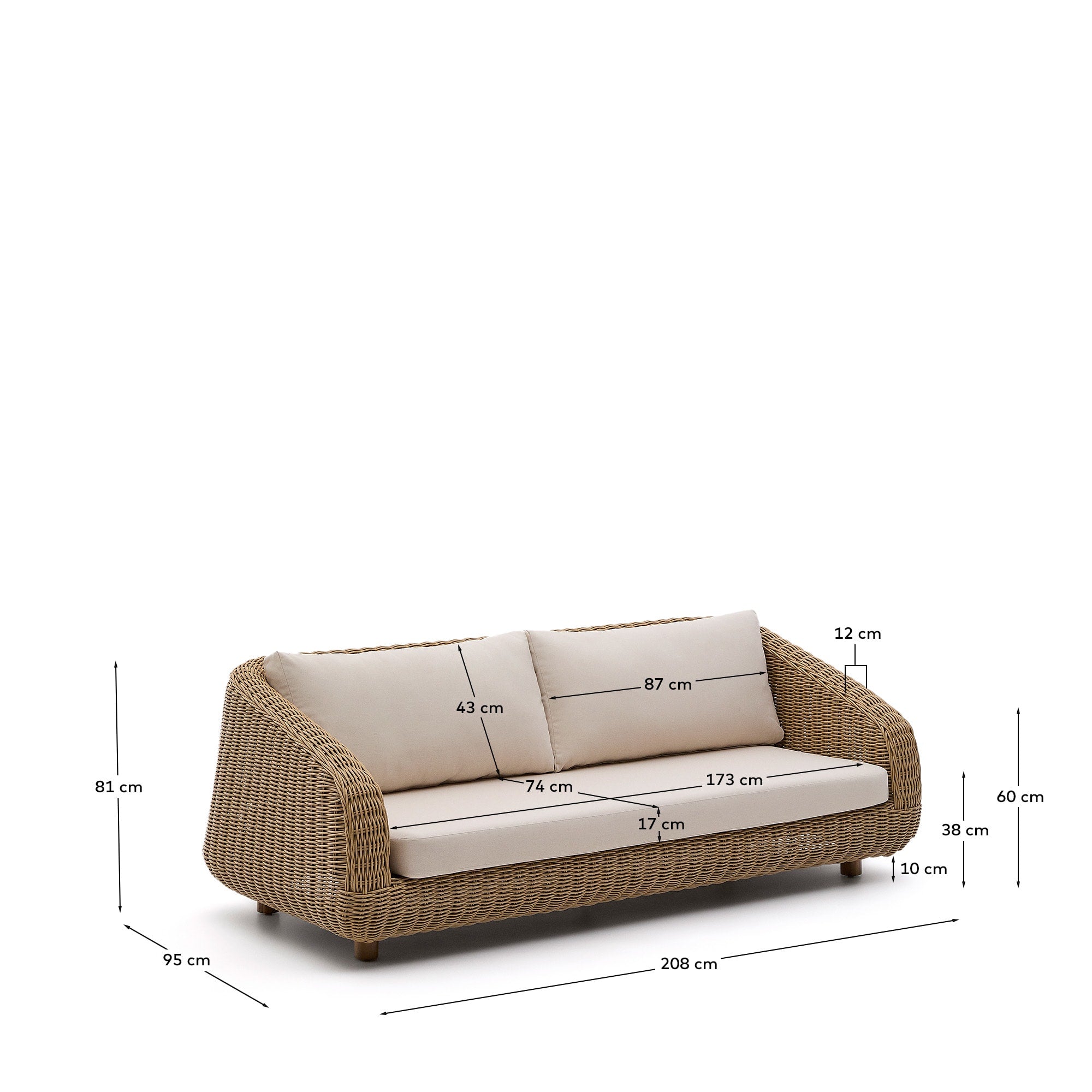 Elegantes 3-Sitzer-Sofa aus synthetischem Rattan, ideal für drinnen und draußen, mit komfortablen, wasserabweisenden Kissen.