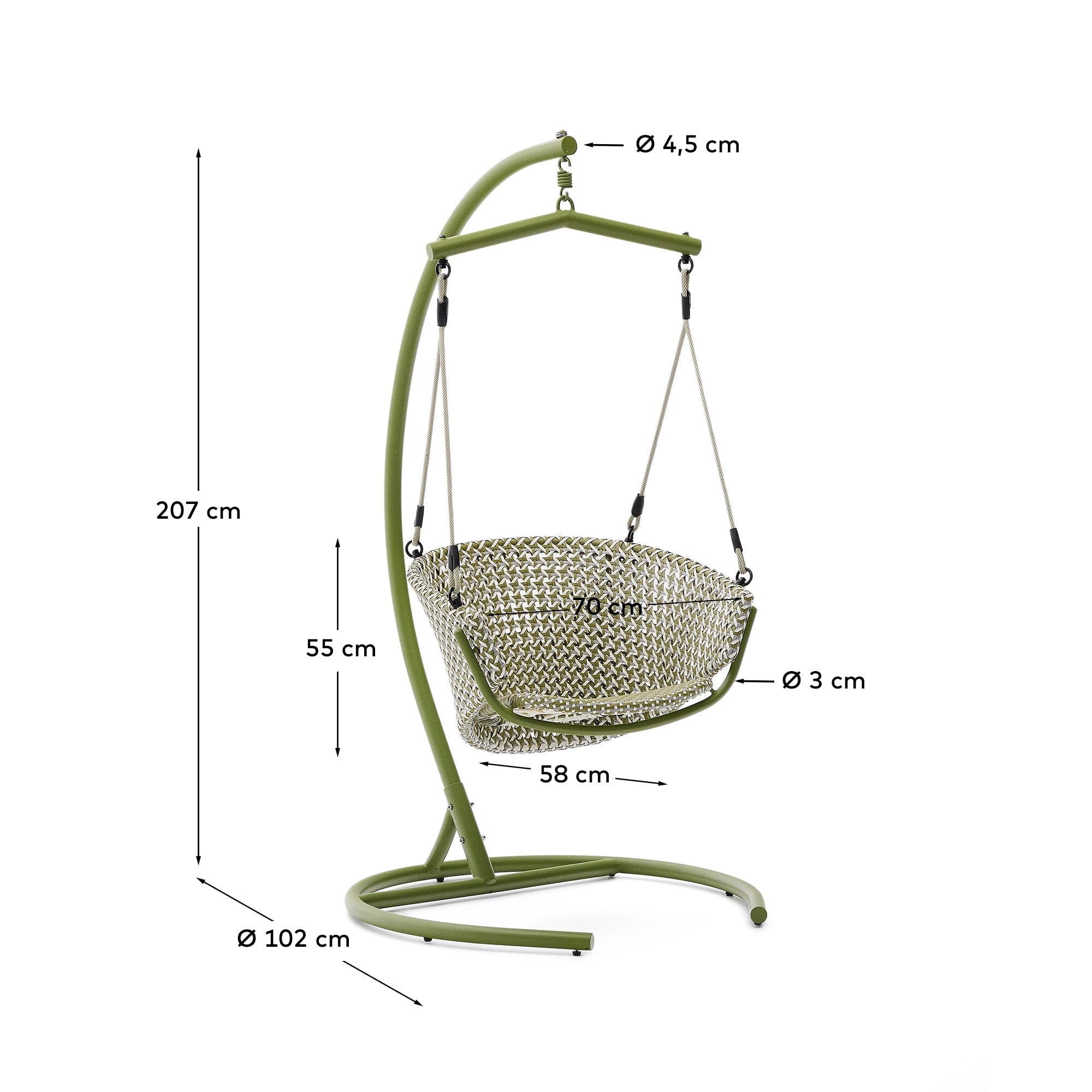Eleganter Hängesessel aus grünem Kunstrattan und Aluminium, perfekt für Garten oder Terrasse, bietet Komfort und Stil.