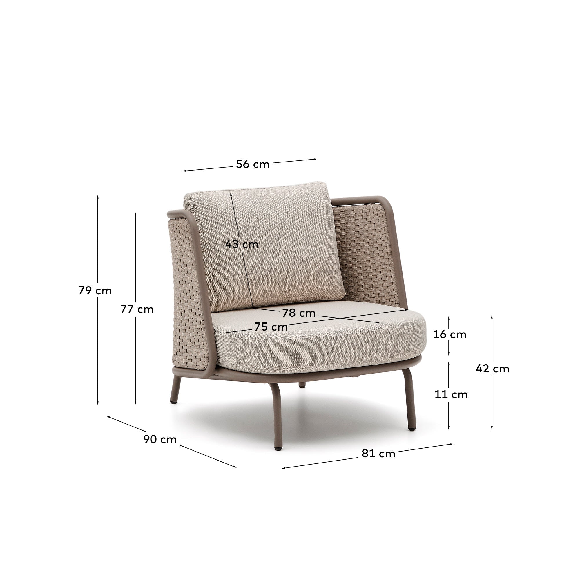 Eleganter Outdoor-Sessel aus Aluminium mit taupefarbenem Seil, perfekt für moderne Terrassen und komfortable Außenbereiche.