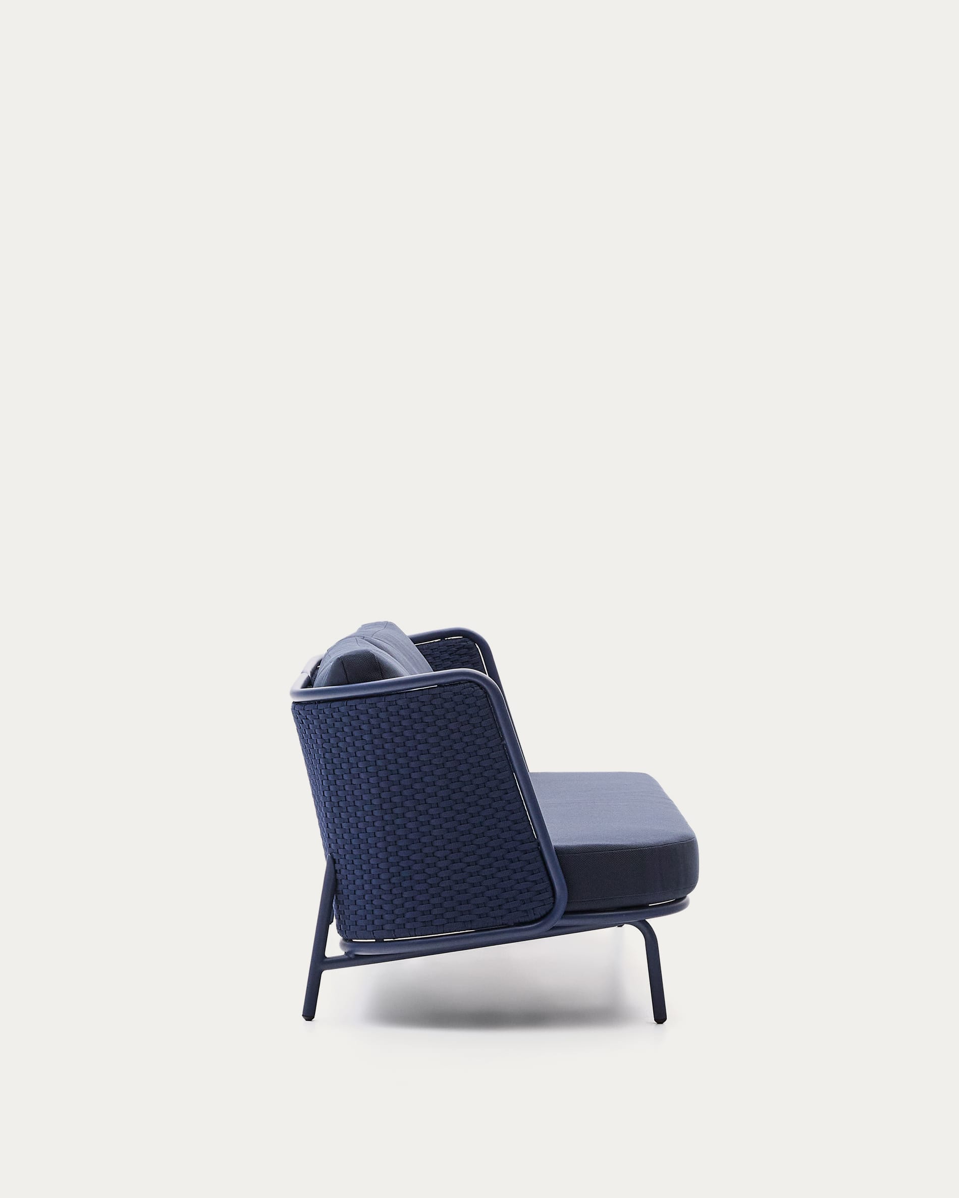 Elegantes Outdoor-Sofa für 3 Personen, 210 cm, aus Aluminium und blauem Seil, ideal für moderne Terrassen und Gärten.