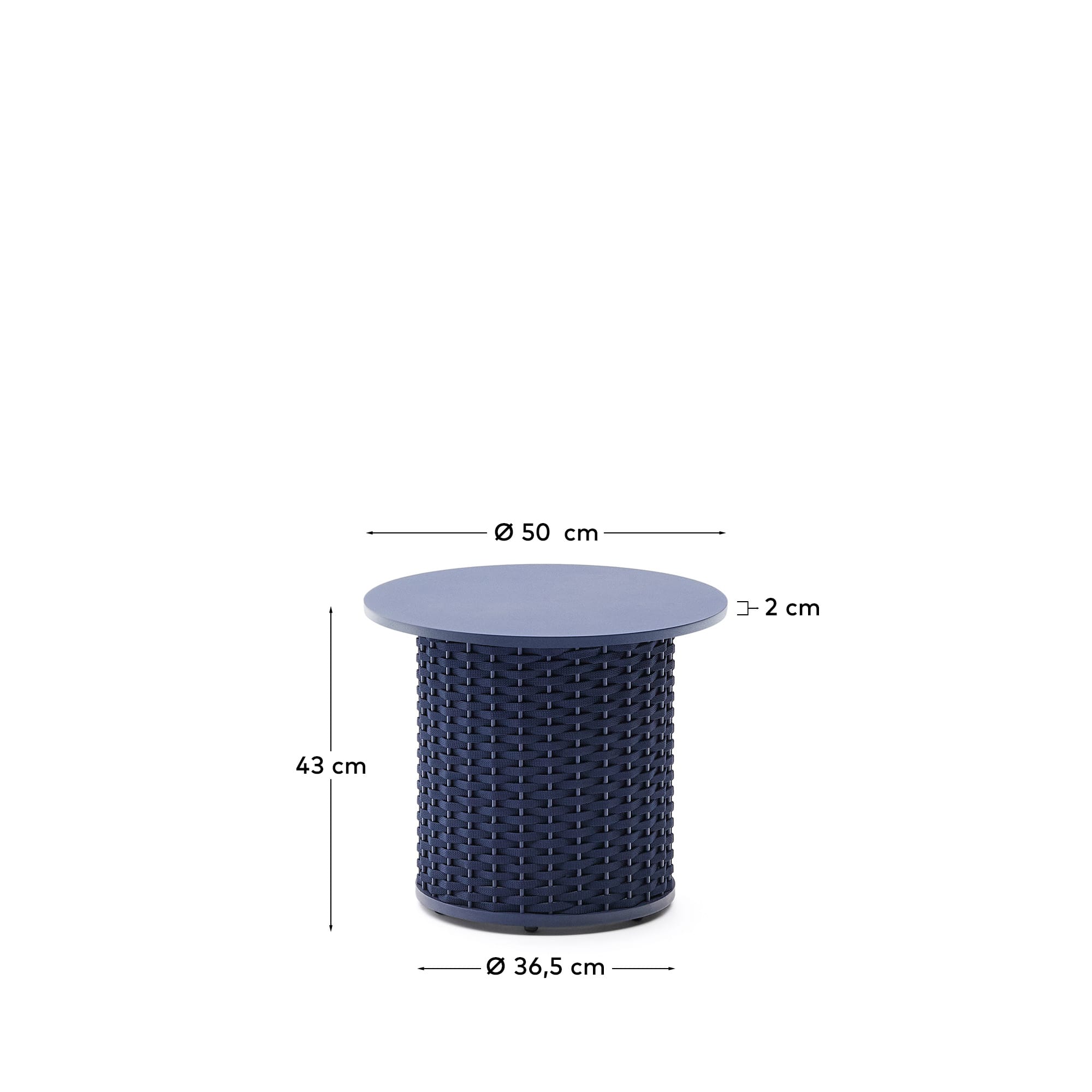 Eleganter Outdoor-Tisch aus Aluminium mit blauem Seil, Ø50 cm, perfekt für moderne Terrassen und Gärten von Kave Home.