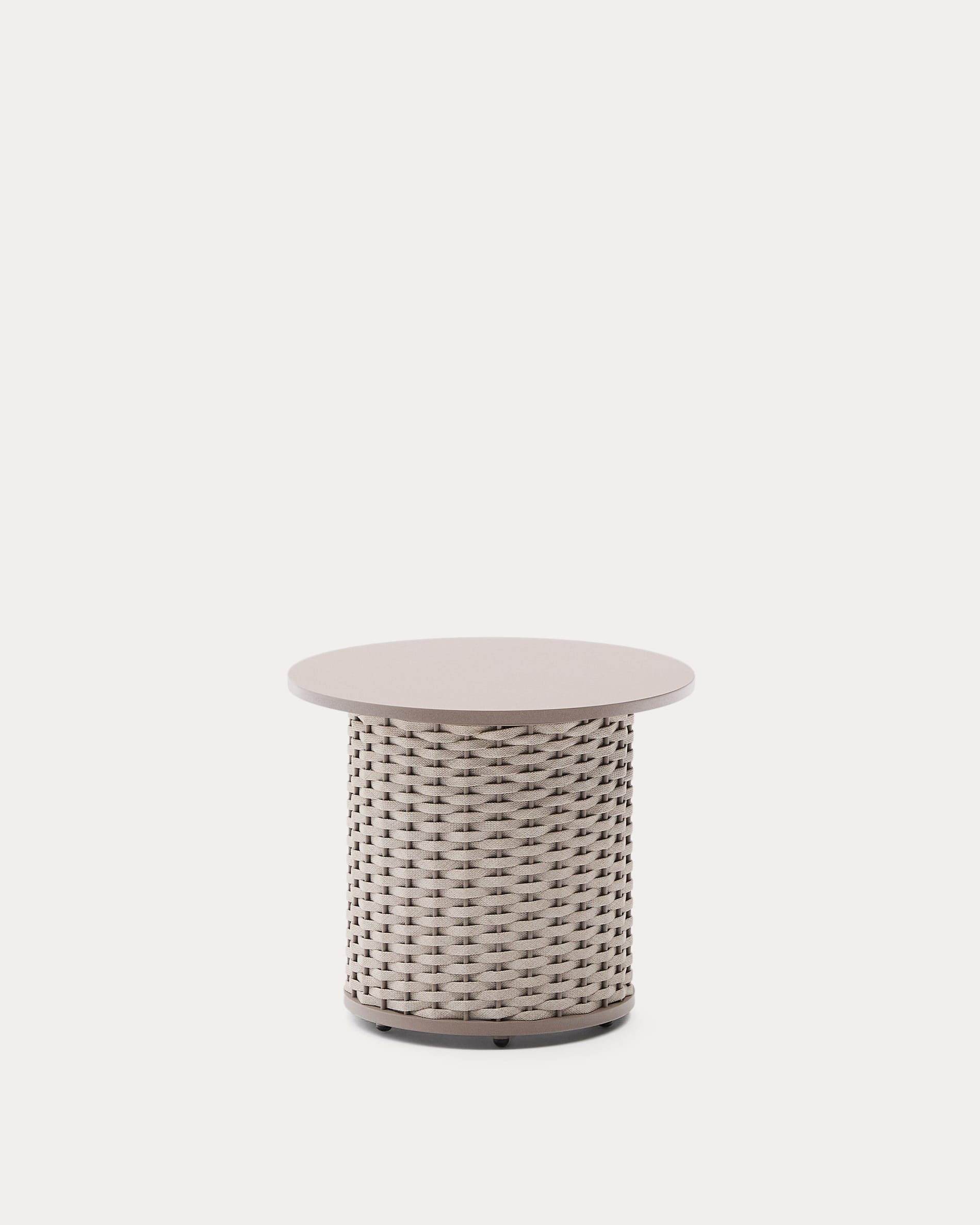 Moderner Outdoor-Beistelltisch aus Aluminium mit taupefarbenem Seil, Ø50 cm, ideal für stilvolle Außenbereiche.