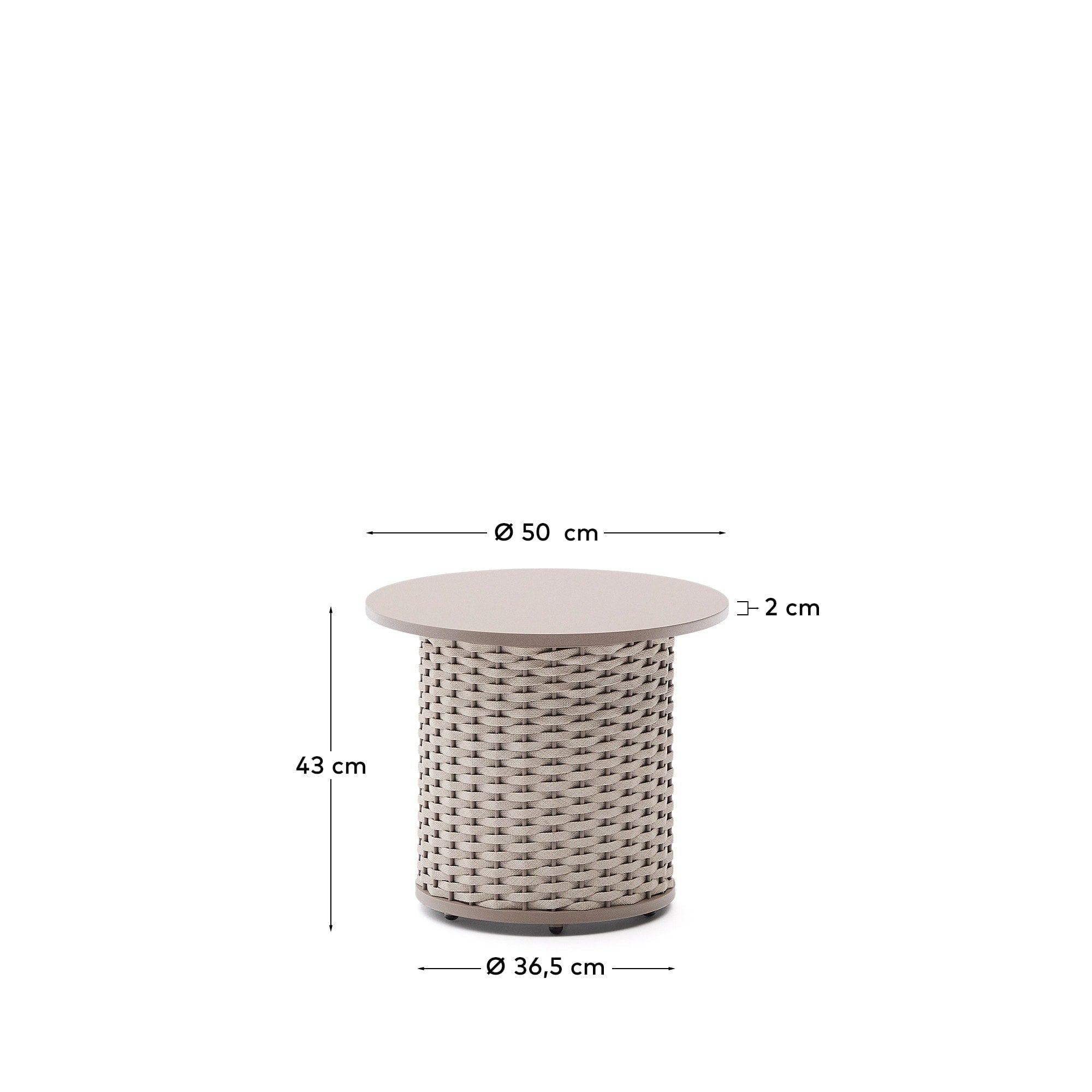 Moderner Outdoor-Tisch Ø50 cm, Aluminiumgestell mit taupefarbenem Seil, ideal für stilvolle Terrassen und Balkone.