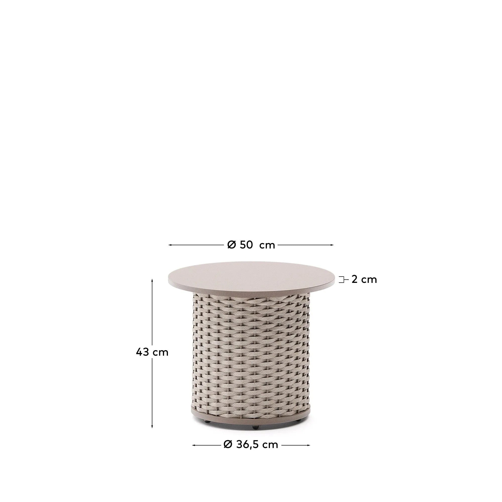 Eleganter Outdoor-Beistelltisch Ø50 cm, robustes Aluminium und taupefarbenes Seil, perfekt für moderne Terrassen und Balkone.