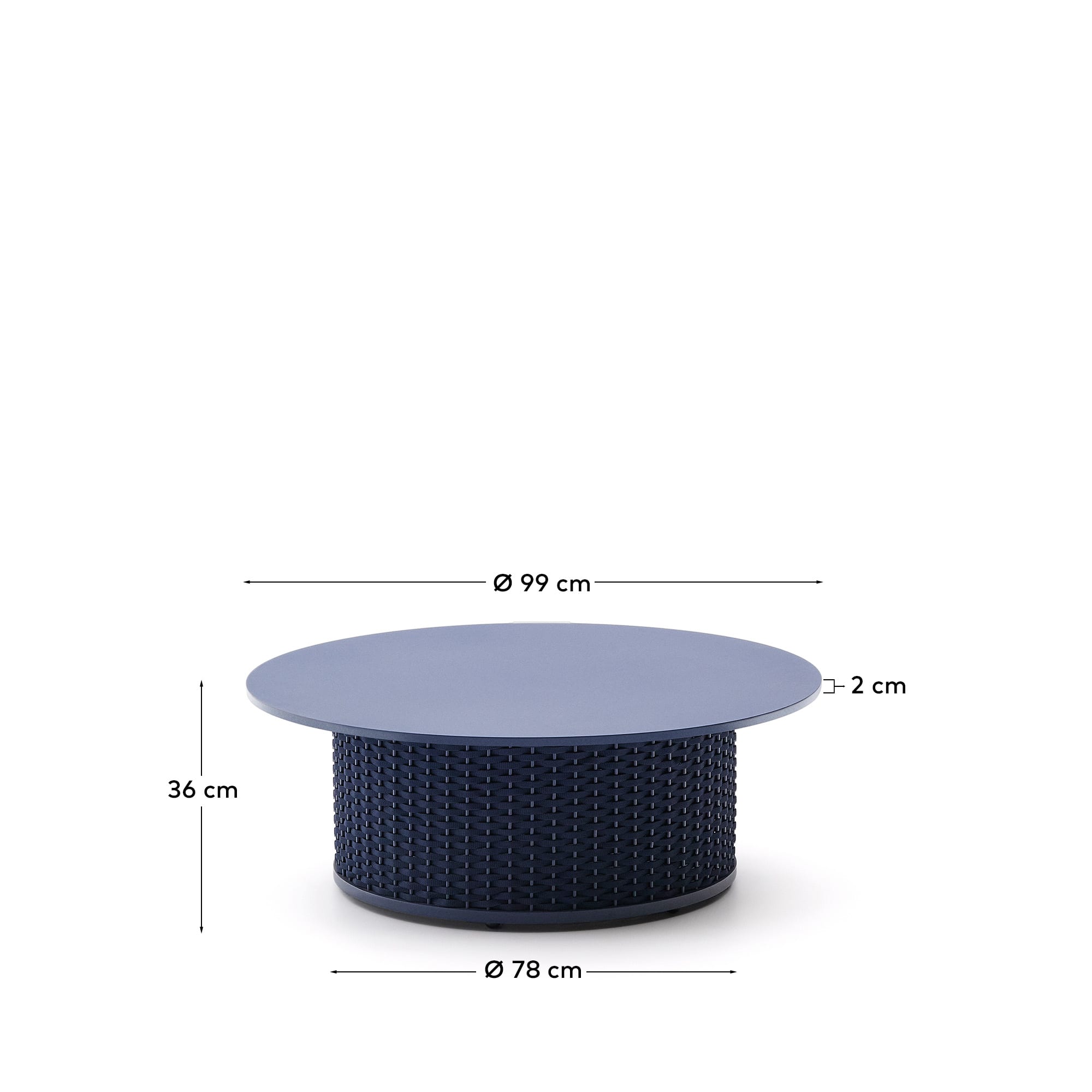 Eleganter Outdoor-Couchtisch Sedalis, Ø99 cm, gefertigt aus Aluminium und blauem Seil, perfekt für moderne Terrassen und Gärten.