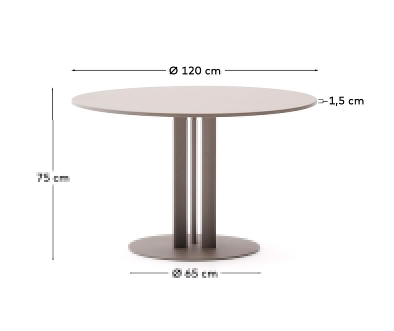 Eleganter runder Outdoor-Tisch Sedalis Ø120 cm, taupefarbene Aluminiumplatte, robustes Stahlgestell, perfekt für moderne Außenbereiche.