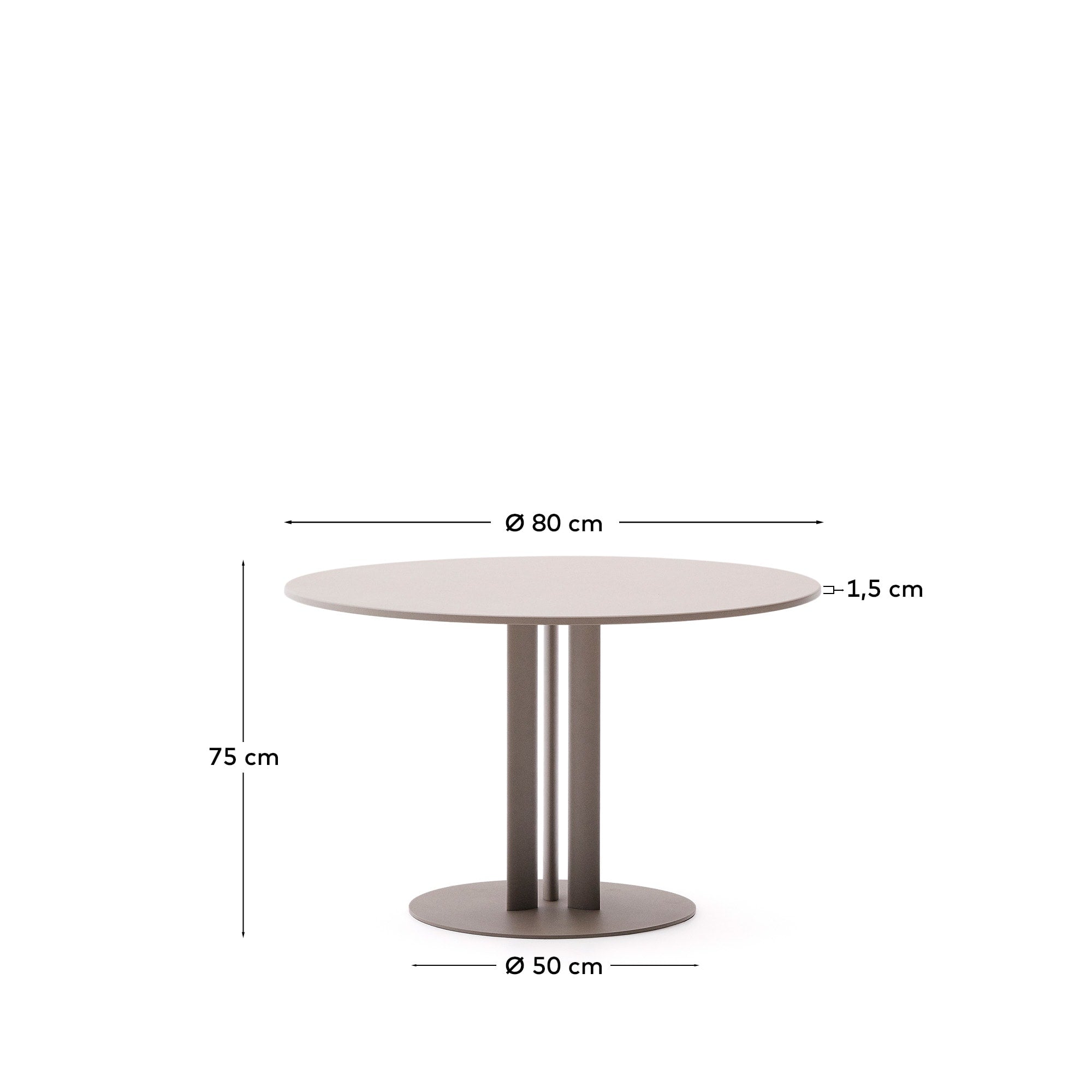 Runder Outdoor-Tisch Sedalis Ø80 cm, taupefarbene Aluminiumplatte, robustes Stahlgestell, perfekt für Garten und Terrasse.