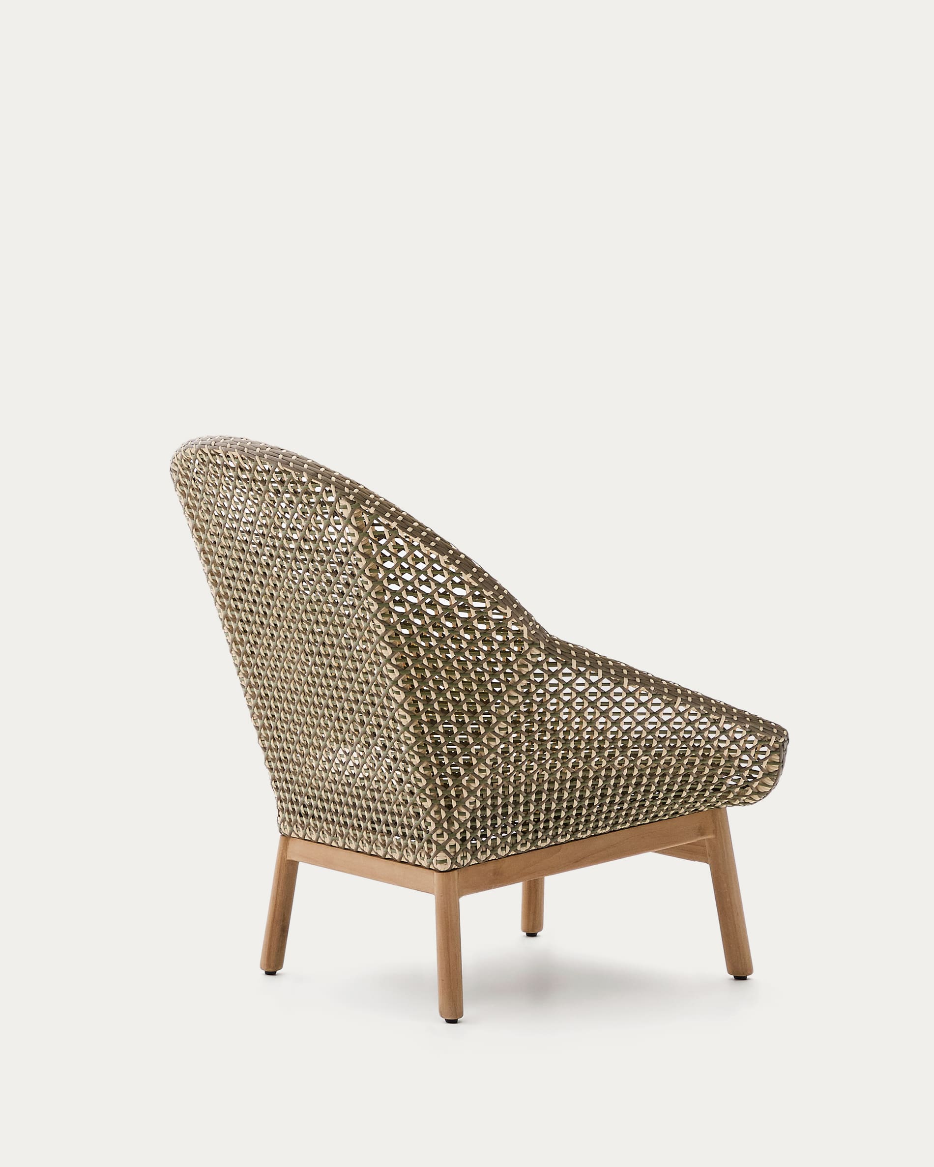 Sessel Olbia: Hohe Rückenlehne, synthetisches Rattan, FSC-zertifiziertes Teakholz, stilvolles Design für moderne Wohnräume.