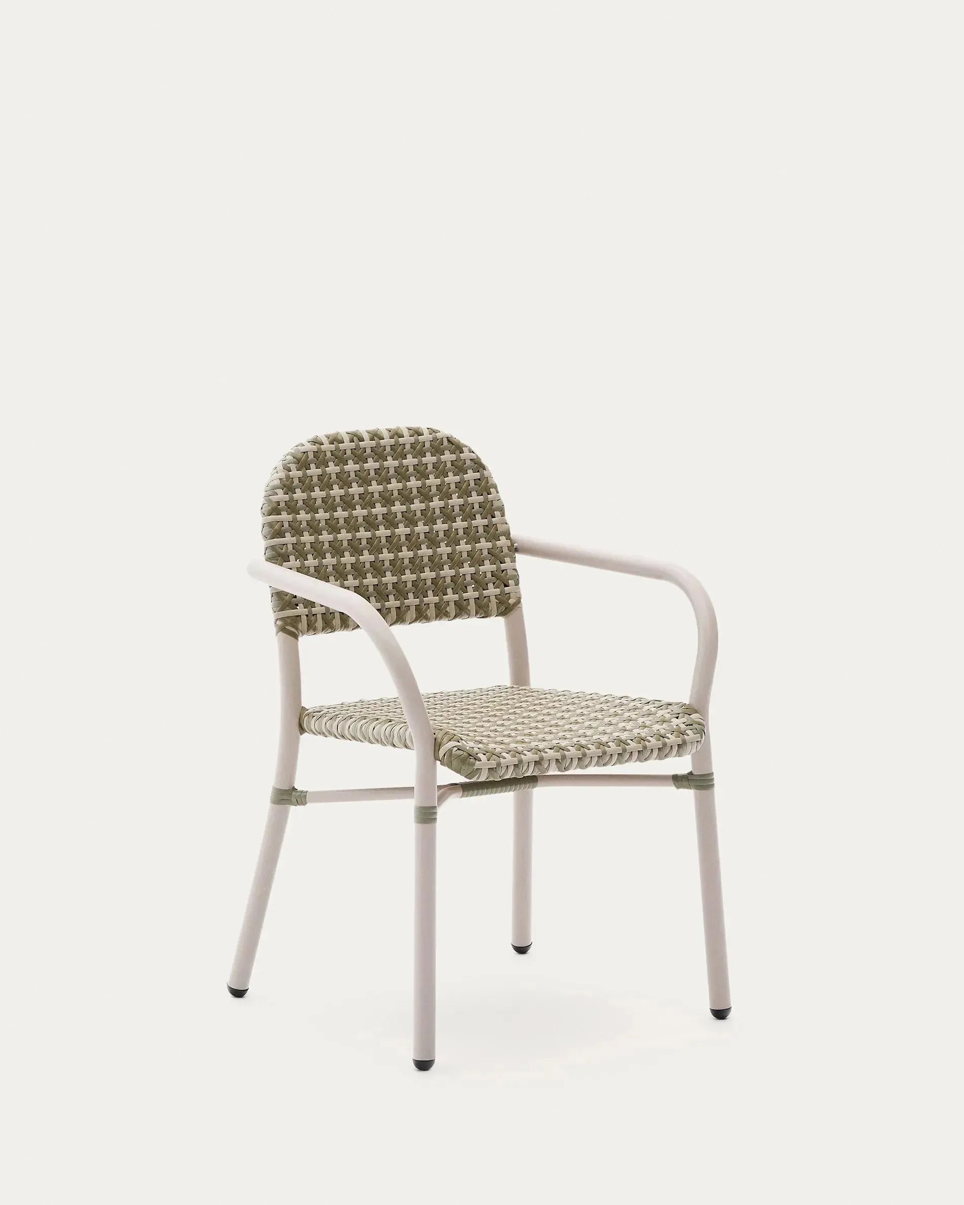 Stapelstuhl Tuccia: Aluminiumrahmen, Kunstrattan in Beige-Grün, stilvoll, robust, ideal für drinnen und draußen.
