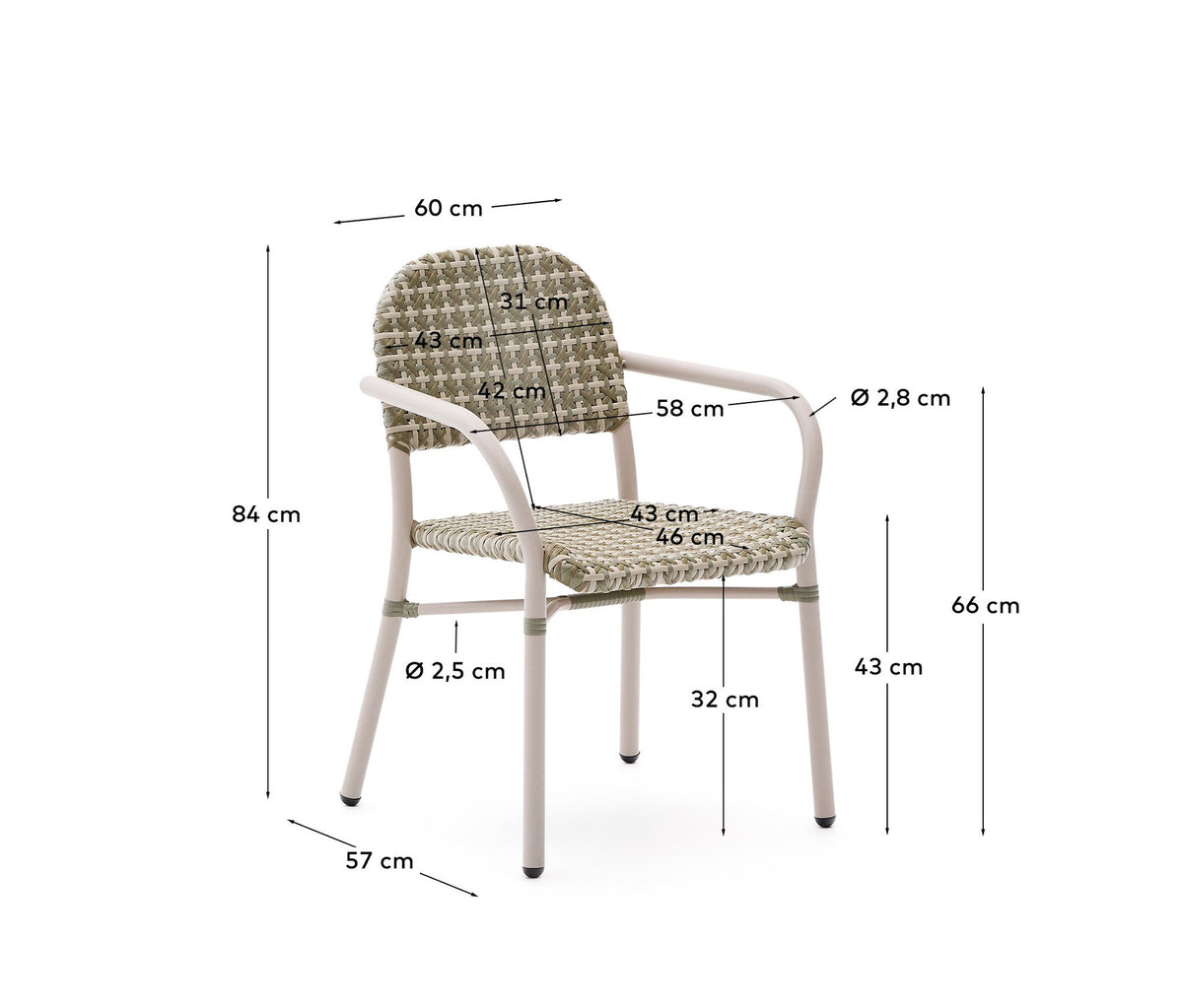 Stapelbarer Stuhl Tuccia aus Aluminium und synthetischem Rattan in Grün und Beige in Beige präsentiert im Onlineshop von KAQTU Design AG. Gartenstuhl mit Armlehnen ist von Kave Home