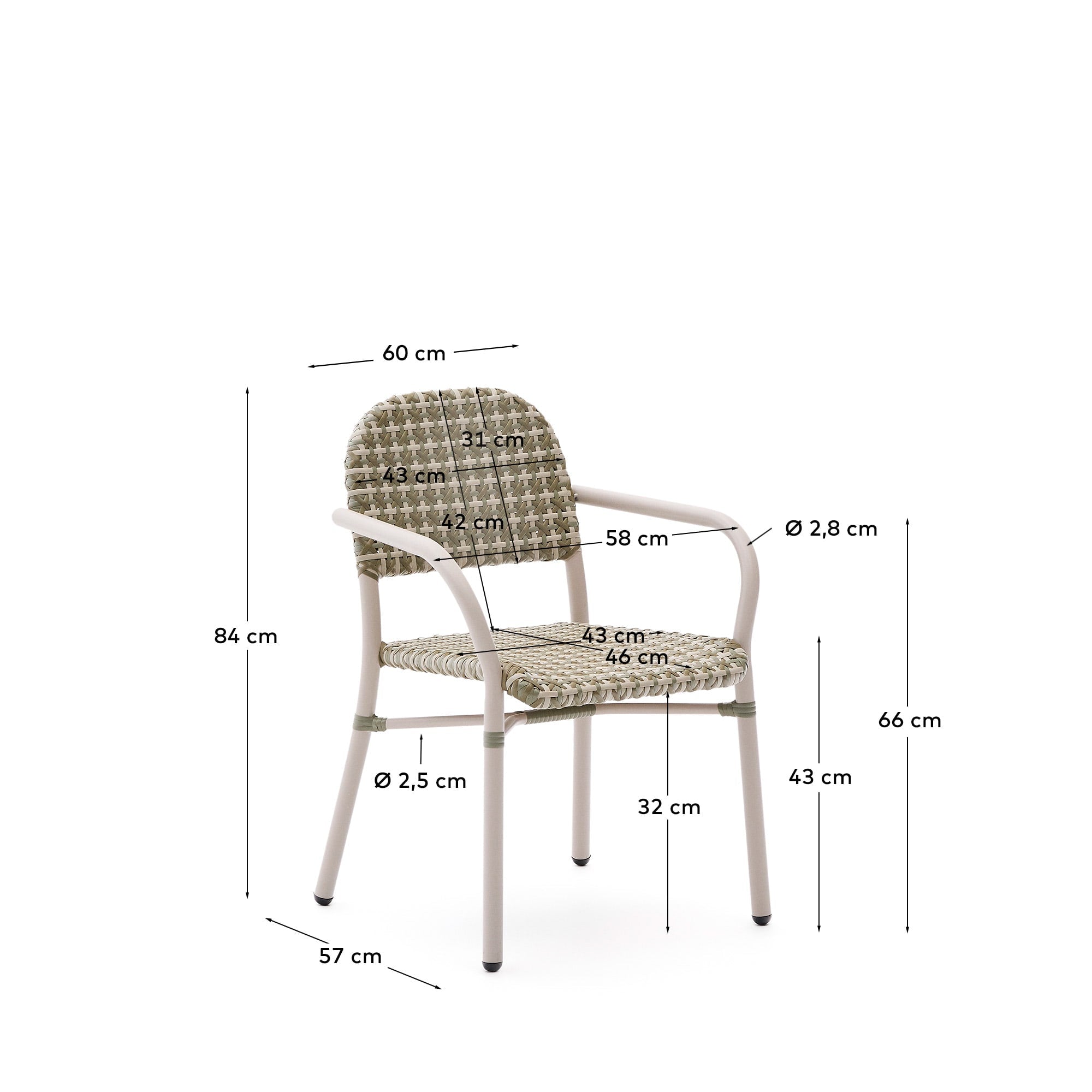 Stapelbarer Stuhl Tuccia: Aluminiumgestell, beige-grünes Kunstrattan, leicht, vielseitig, für Innen- und Außenbereiche geeignet.