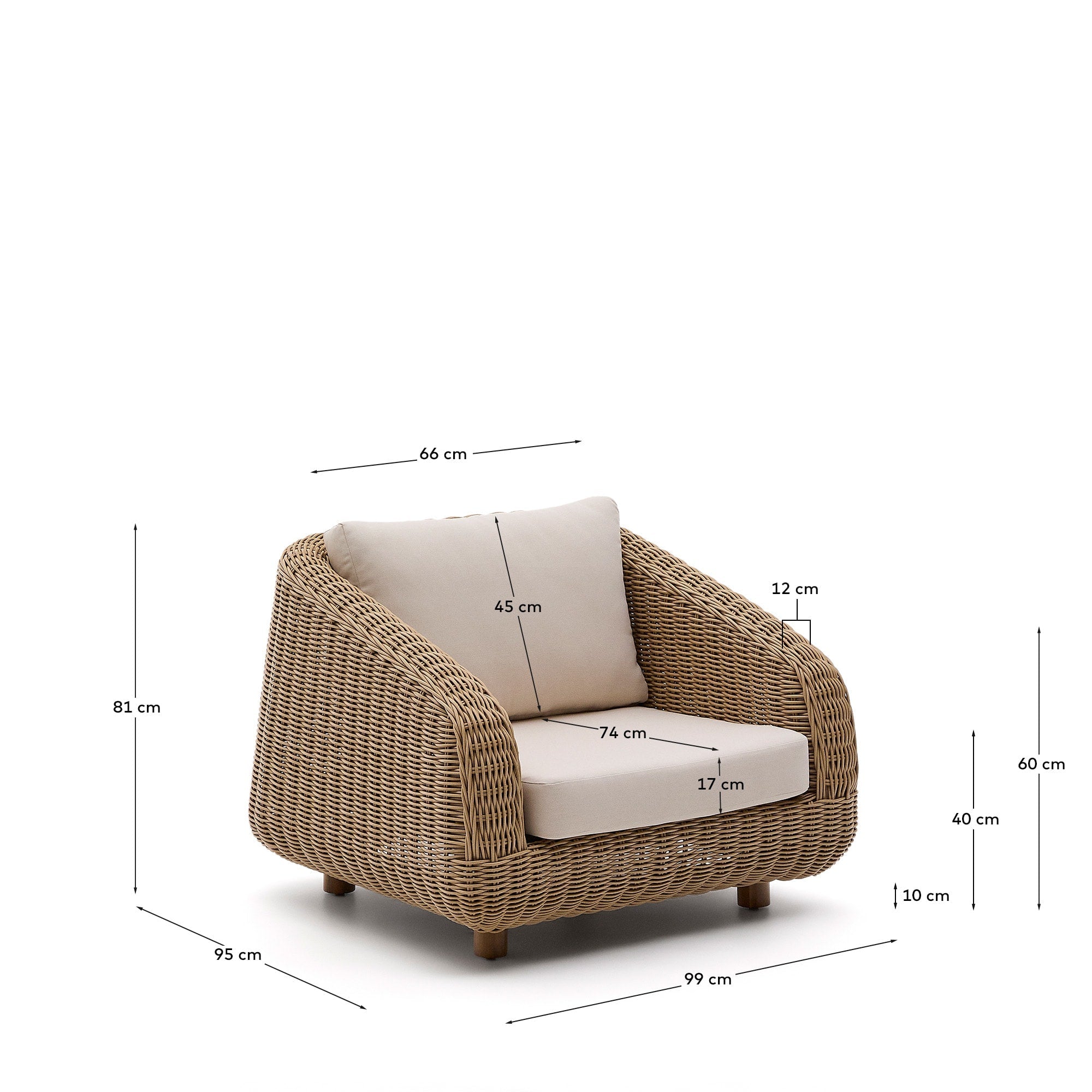 Moderner Sessel Meria von Kave Home, aus langlebigem synthetischem Material, perfekt für stilvolle Wohnbereiche.
