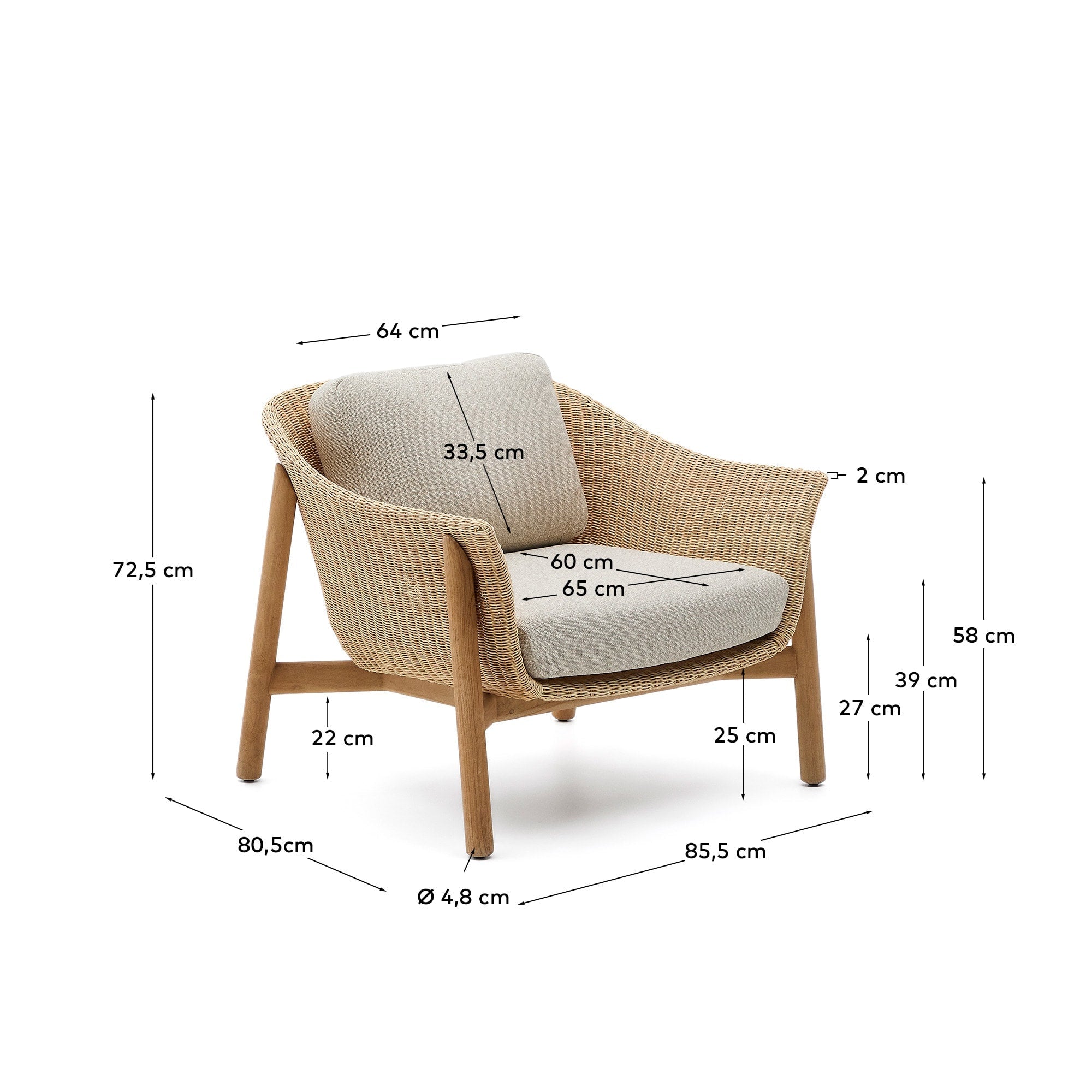 Eleganter Sessel Galea aus FSC-zertifiziertem Teakholz und synthetischem Rattan, ideal für stilvolle und nachhaltige Wohnräume.