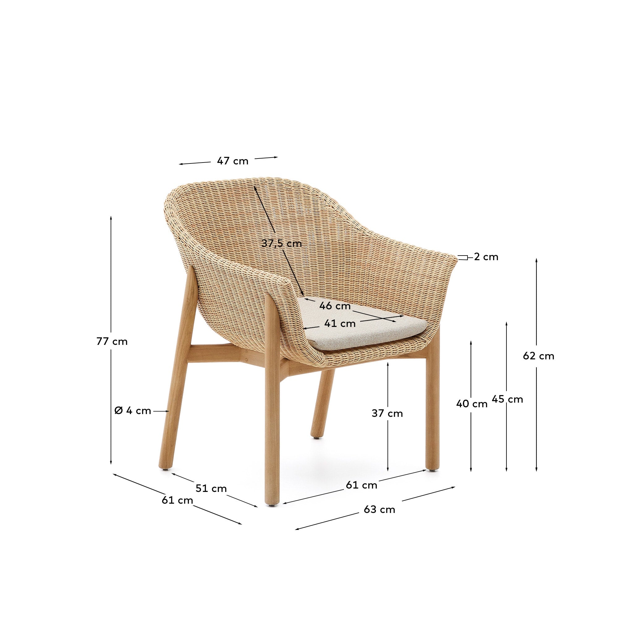 Der Stuhl Galea vereint robustes Teakholz mit elegantem, pflegeleichtem Rattan für stilvollen Komfort im Freien.