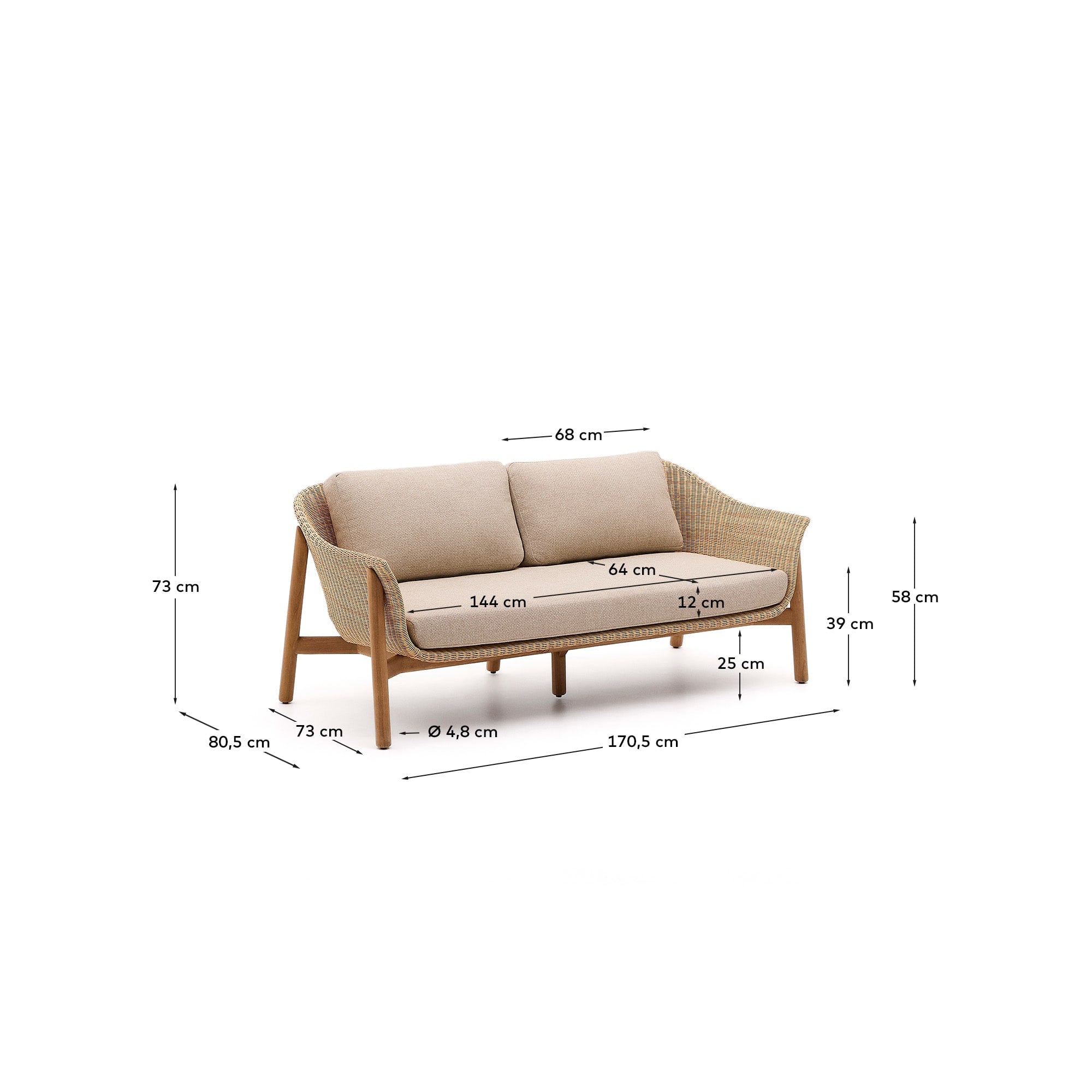 Elegantes 2-Sitzer-Sofa aus Teakholz und Rattan, ideal für drinnen und draußen, bietet Komfort und zeitlosen Stil.