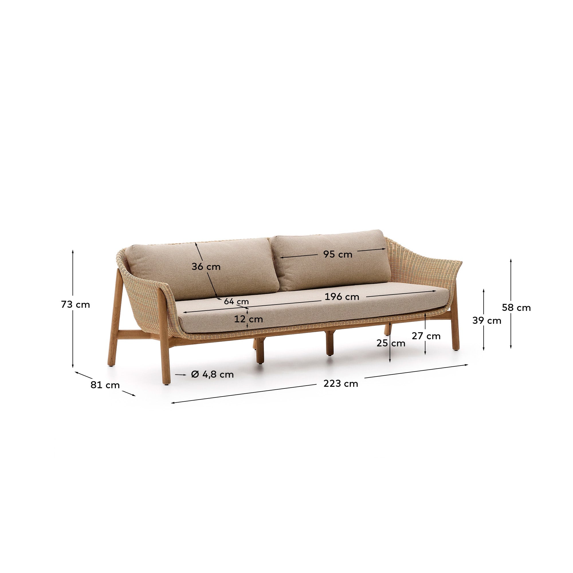 Elegantes 3-Sitzer-Sofa aus Teakholz und Rattan, ideal für drinnen und draußen, mit abnehmbaren Kissen für höchsten Komfort.