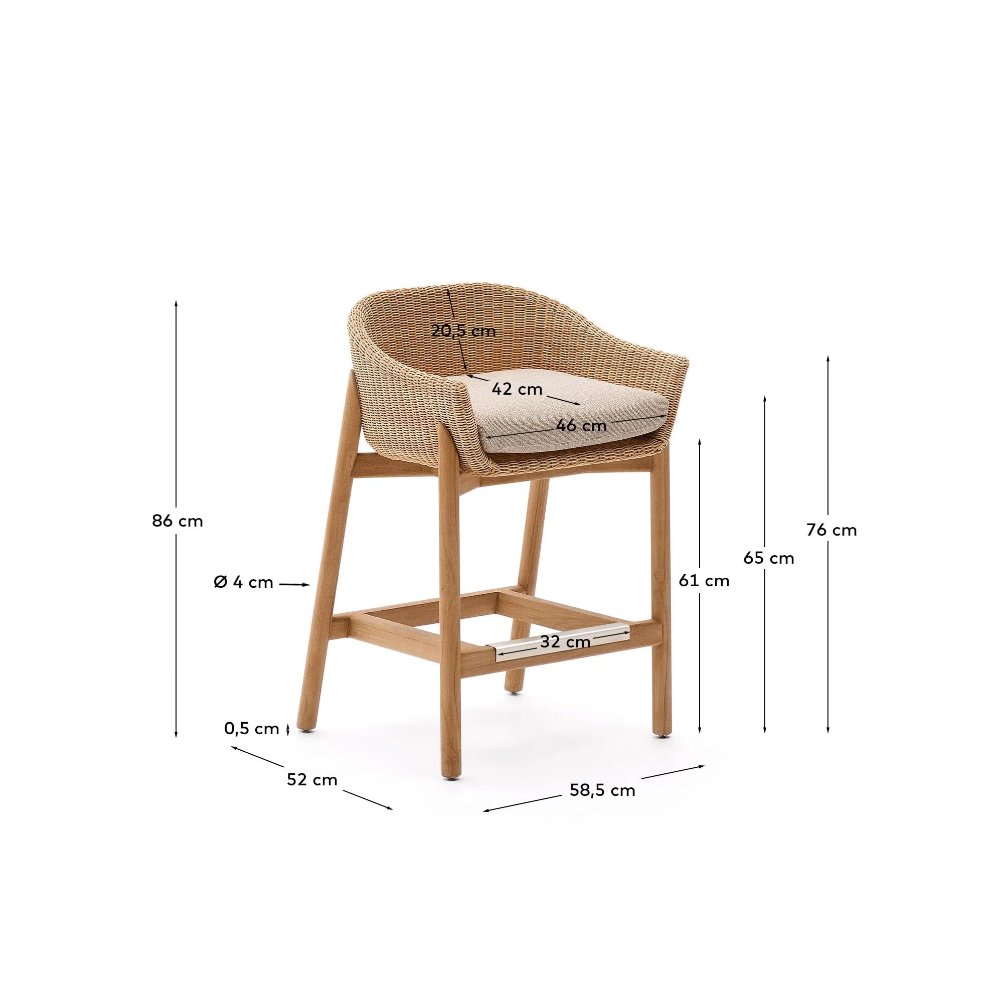 Hocker Galea, 65 cm, aus FSC-zertifiziertem Teakholz und synthetischem Rattan, verbindet Stil, Komfort und umweltfreundliches Design.