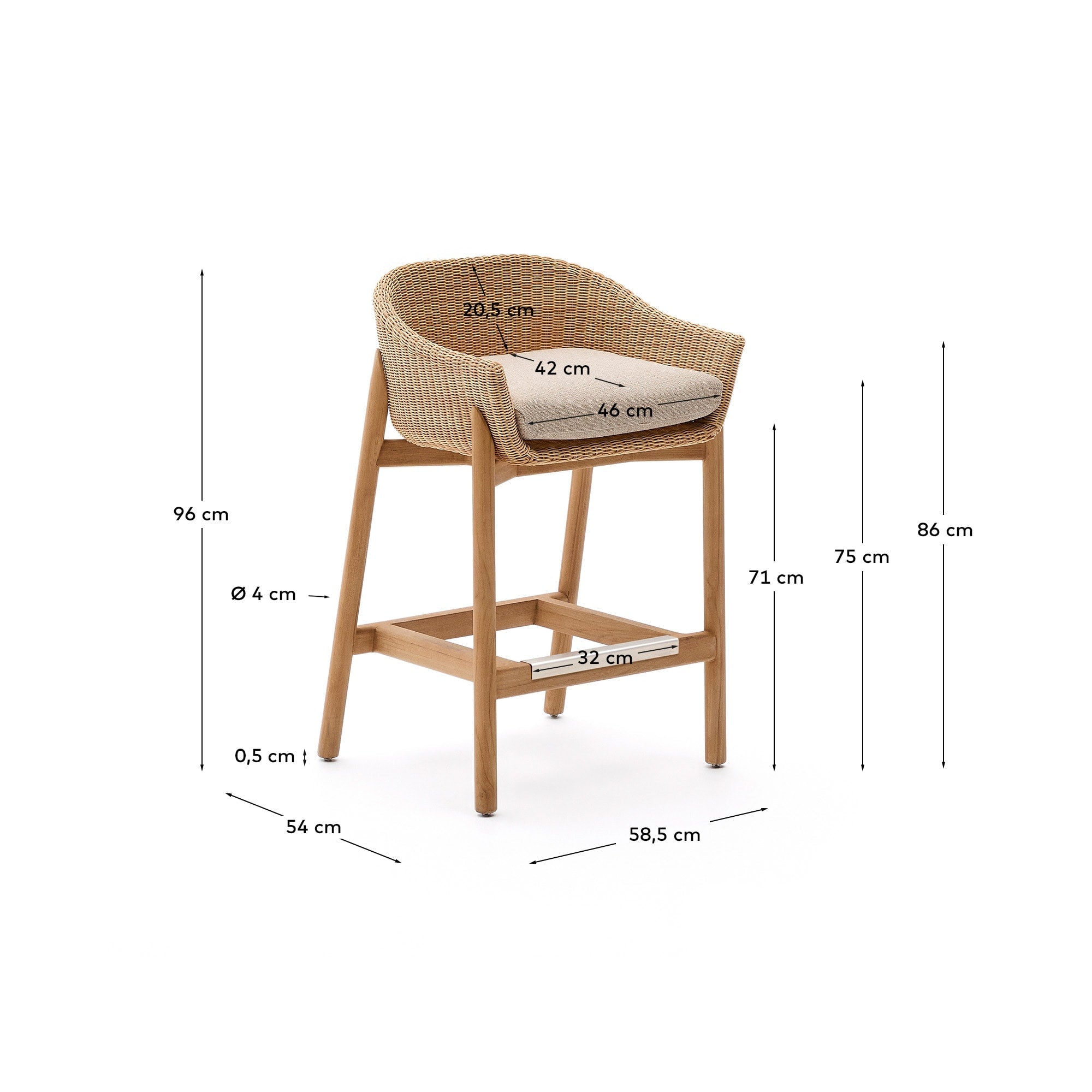 Eleganter Hocker Galea aus FSC-zertifiziertem Teakholz und langlebigem Rattan, 75 cm hoch, verbindet Stil mit Nachhaltigkeit.