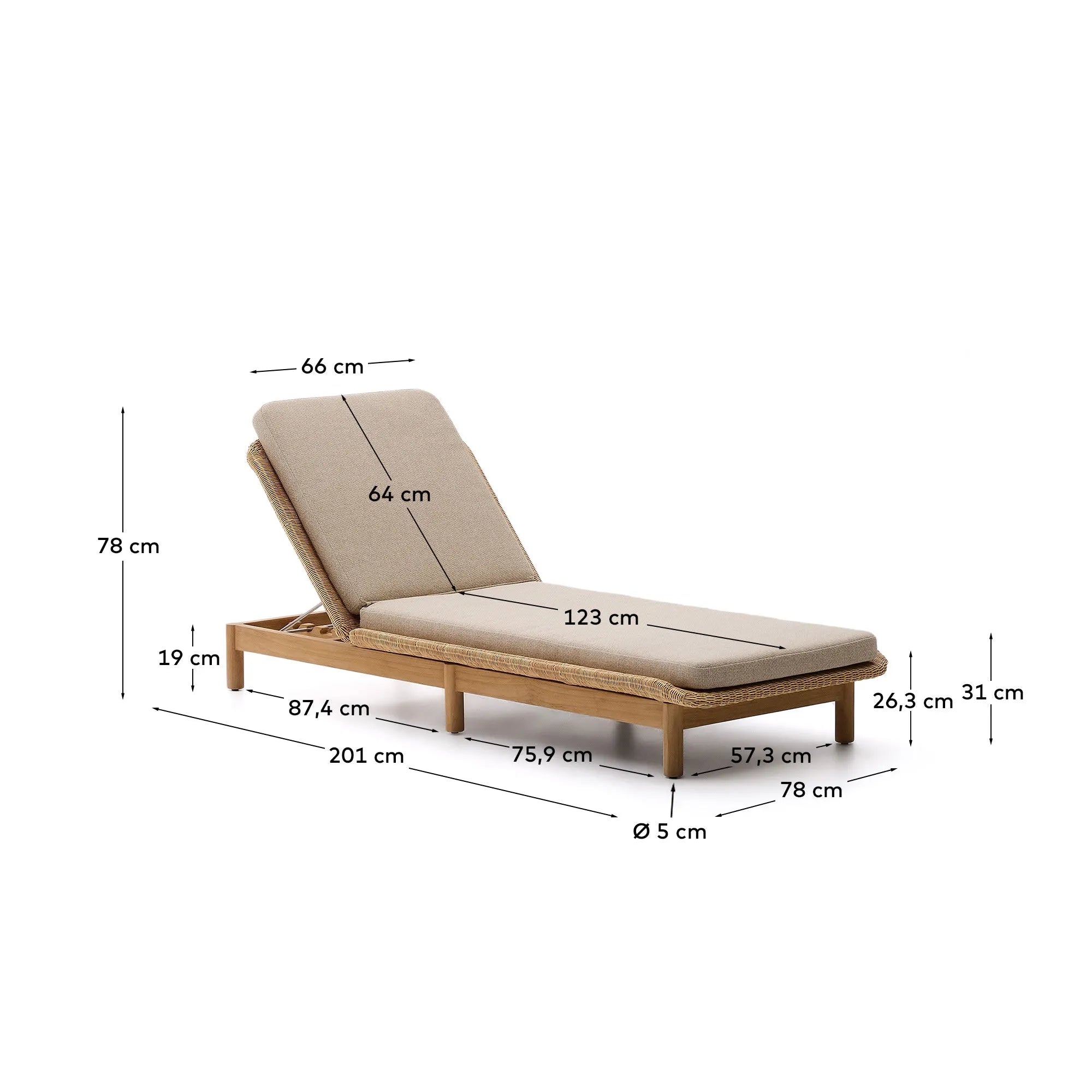 Elegante Sonnenliege aus Teakholz und Rattan, FSC-zertifiziert, ideal für stilvolle Entspannung im Garten oder auf der Terrasse.