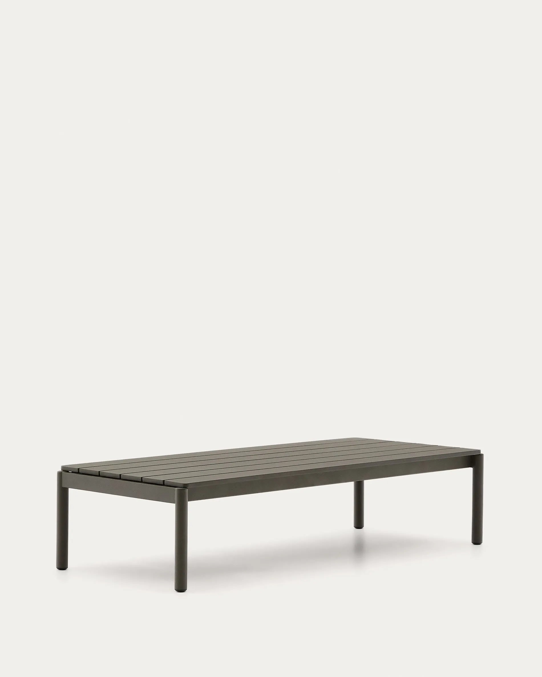 Eleganter grüner Aluminium-Couchtisch, ideal für Garten oder Terrasse, robust und stilvoll, 63 x 144,6 cm.