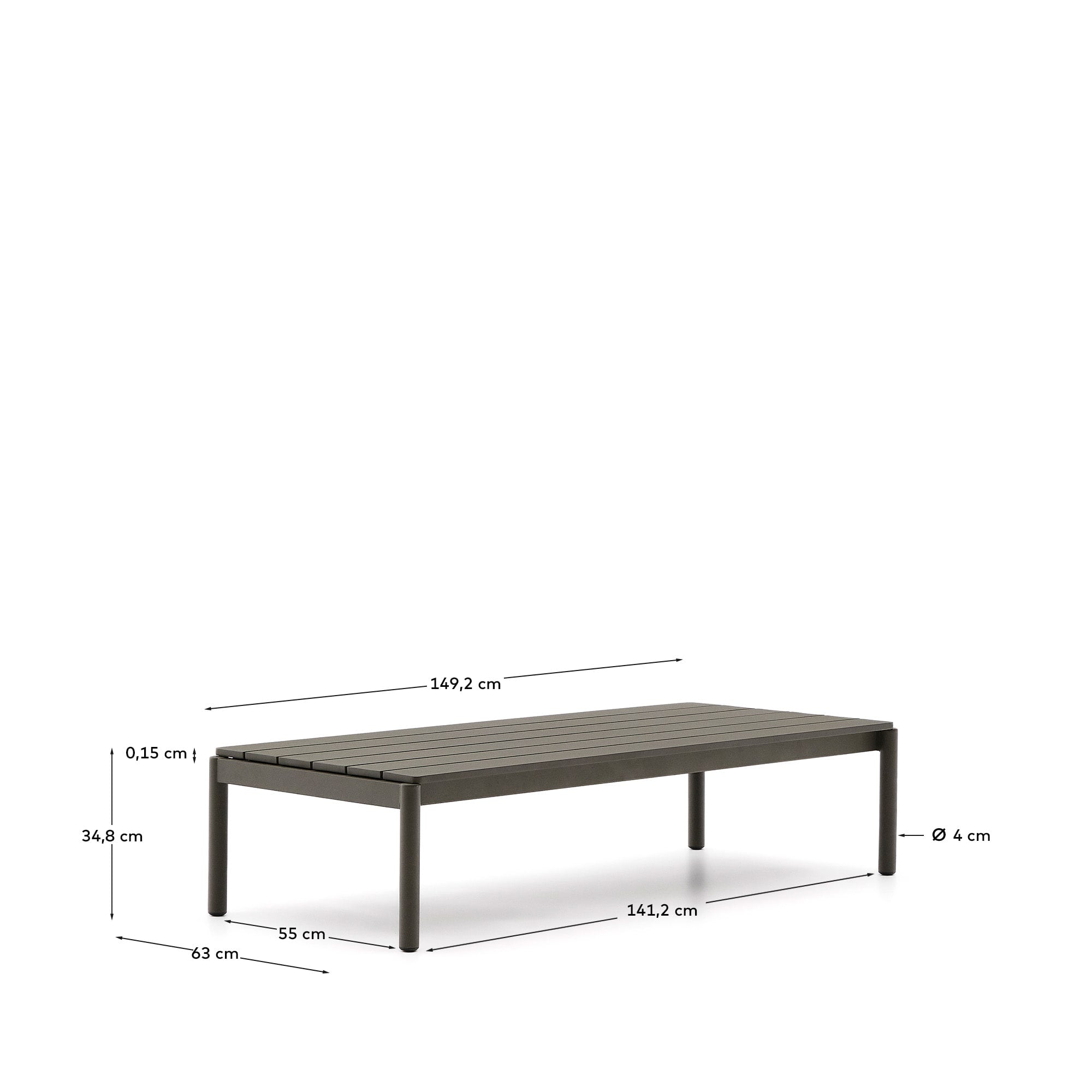 Eleganter grüner Aluminium-Couchtisch, ideal für Garten oder Terrasse, robust und stilvoll, 63 x 144,6 cm.