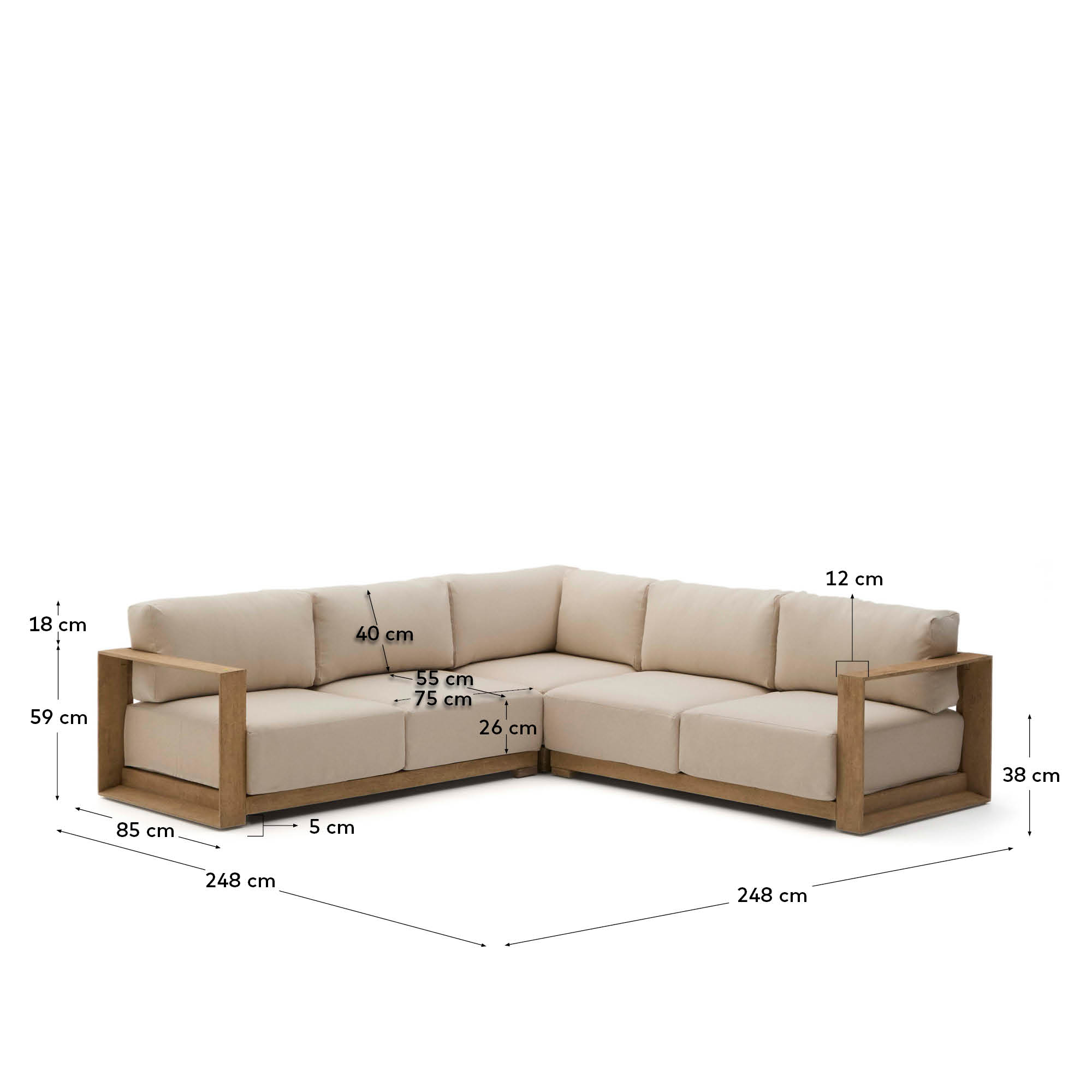 Ecksofa Ambra, 5-Sitzer, 248 cm, aus Akazienholz mit klarem Finish, ideal für moderne und elegante Wohnräume.