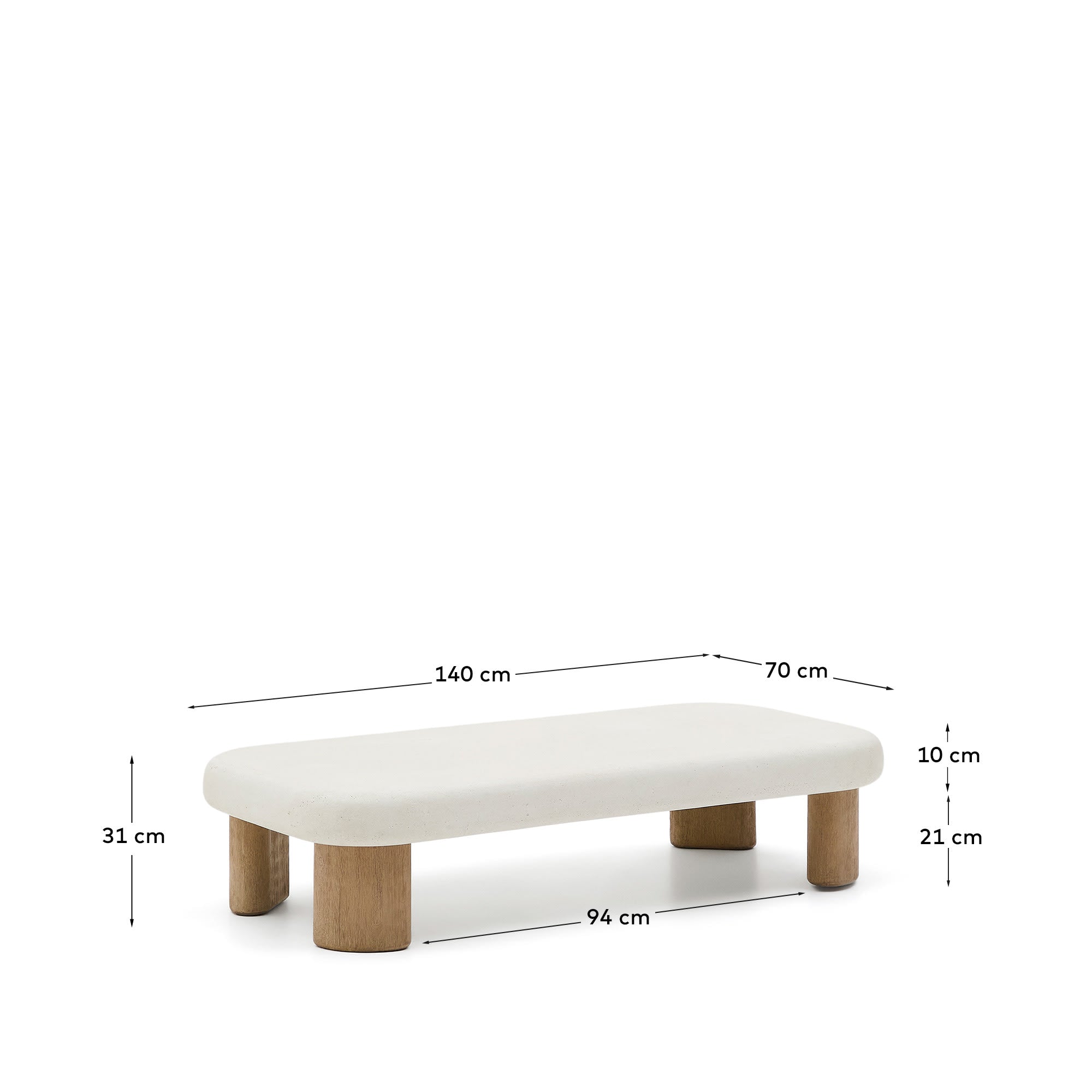 Moderner Couchtisch Labra von Kave Home, 140x70 cm, aus Zement und Akazienholz, ideal für stilvolle und zeitgemäße Wohnräume.