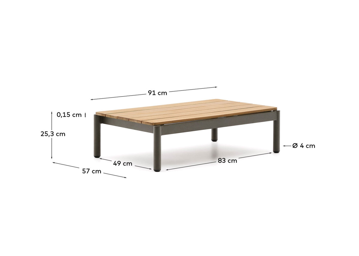 Couchtisch Sorells aus grünem Aluminium und Teakholz 52,4 x 91 cm FSC 100% in Khaki, Braun präsentiert im Onlineshop von KAQTU Design AG. Loungetisch ist von Kave Home