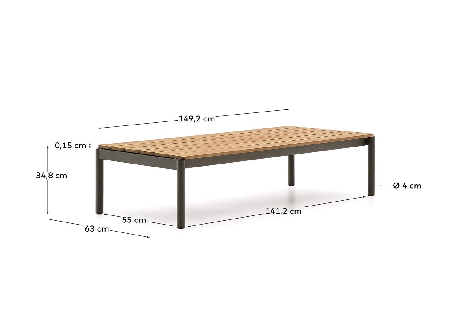 Couchtisch Sorells aus grünem Aluminium und Teakholz 63 x 144,6 cm FSC 100%   in Khaki präsentiert im Onlineshop von KAQTU Design AG. Beistelltisch Outdoor ist von Kave Home