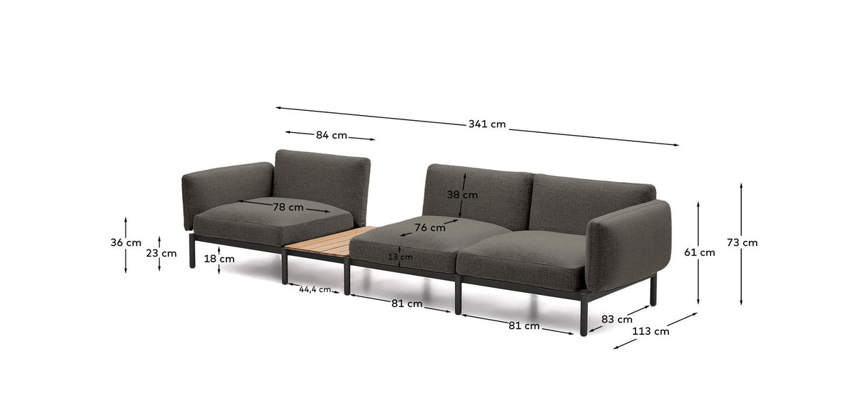 Modulares Outdoor-Sofa Sorells mit 3 Sitzplätzen mit grauer Polsterung und grauem Aluminium, mit Tisch aus Teakholz, 341 x 113 cm, FSC 100 % in Dunkelgrau, Graphit präsentiert im Onlineshop von KAQTU Design AG. Lounge Sofa ist von Kave Home