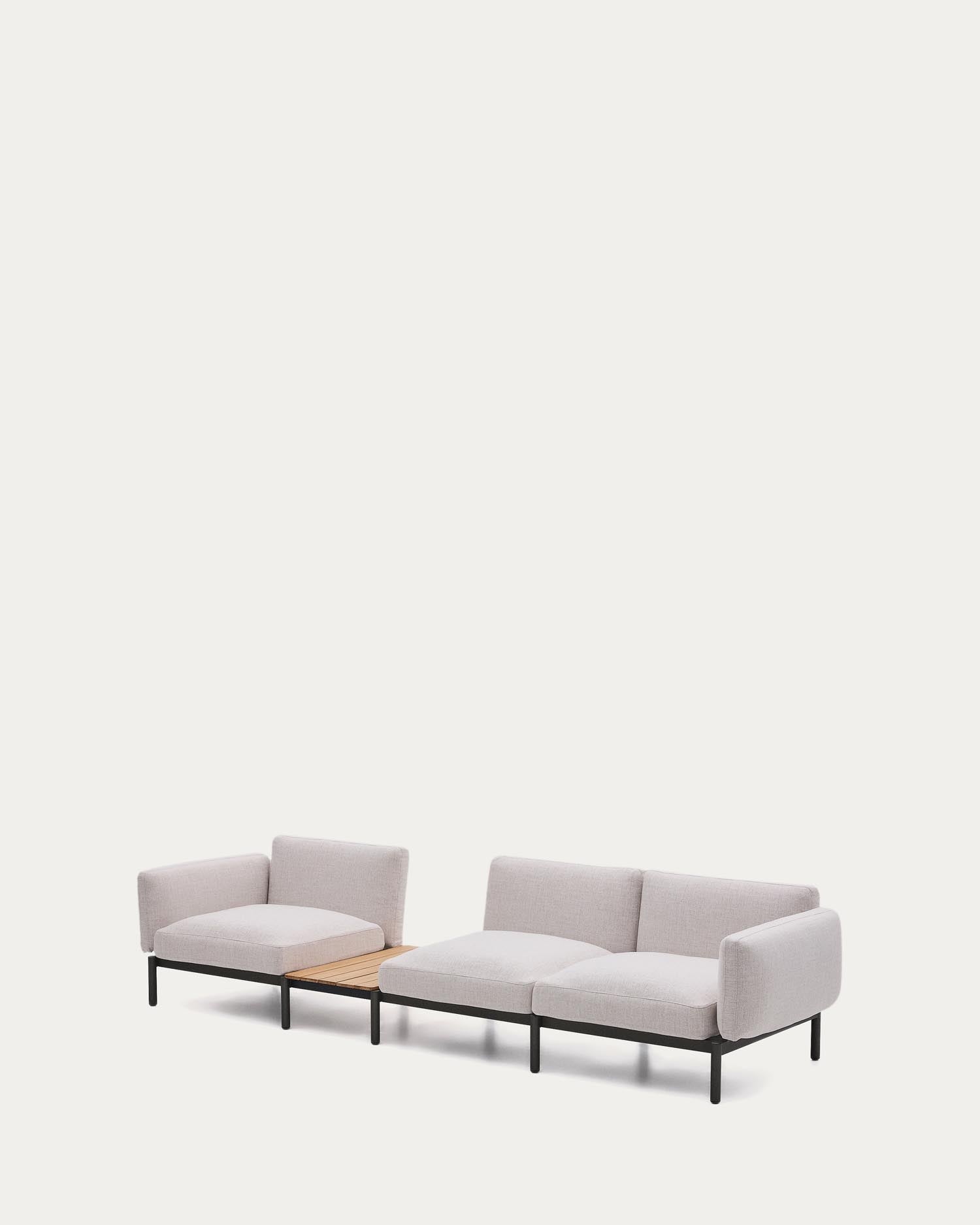 Modulares Outdoor-Sofa Sorells mit 3 Sitzplätzen mit beigefarbener Polsterung und grauem Aluminium, mit Tisch aus Teakholz, 341 x 113 cm, FSC 100 % in Beige präsentiert im Onlineshop von KAQTU Design AG. Lounge Sofa ist von Kave Home