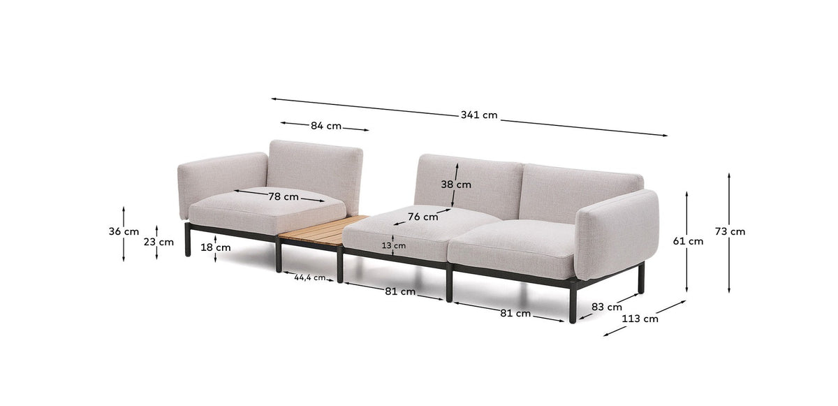 Modulares Outdoor-Sofa Sorells mit 3 Sitzplätzen mit beigefarbener Polsterung und grauem Aluminium, mit Tisch aus Teakholz, 341 x 113 cm, FSC 100 % in Beige, Graphit präsentiert im Onlineshop von KAQTU Design AG. Lounge Sofa ist von Kave Home