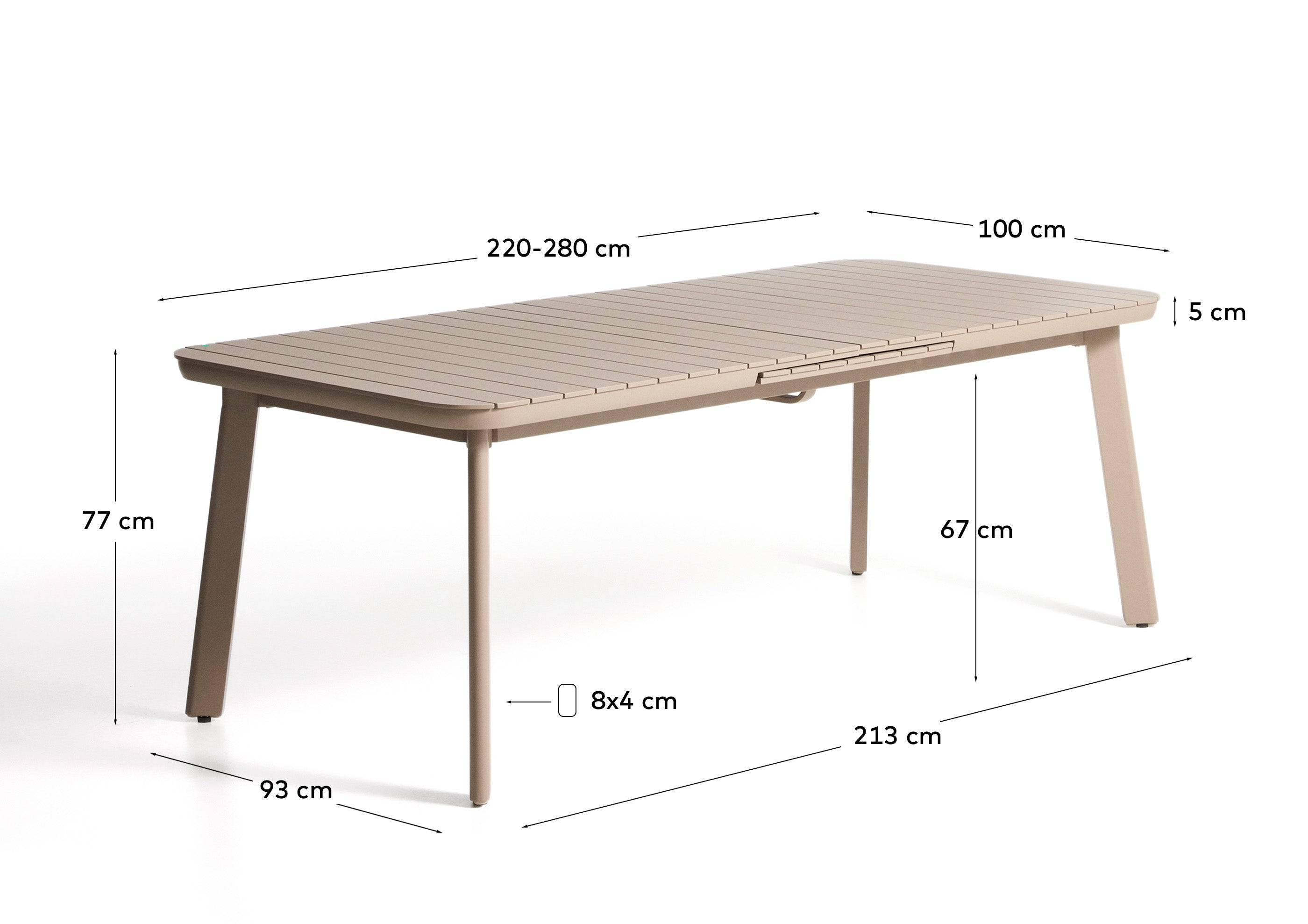Eleganter, ausziehbarer Gartentisch Izola aus Aluminium in Beige, ideal für gesellige Zusammenkünfte im Freien, Maße 220 (280) x 100 cm.