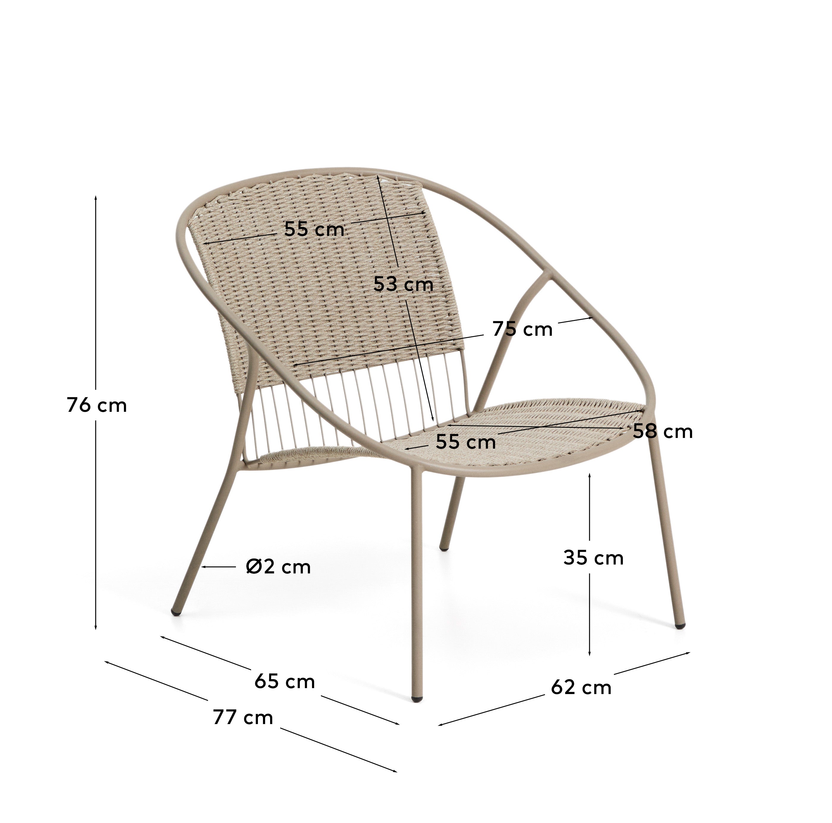 Stapelbarer Outdoor-Sessel Atrani in stilvollem Taupe, aus langlebigem verzinktem Stahl und strapazierfähigem Seil, perfekt für Garten und Terrasse.